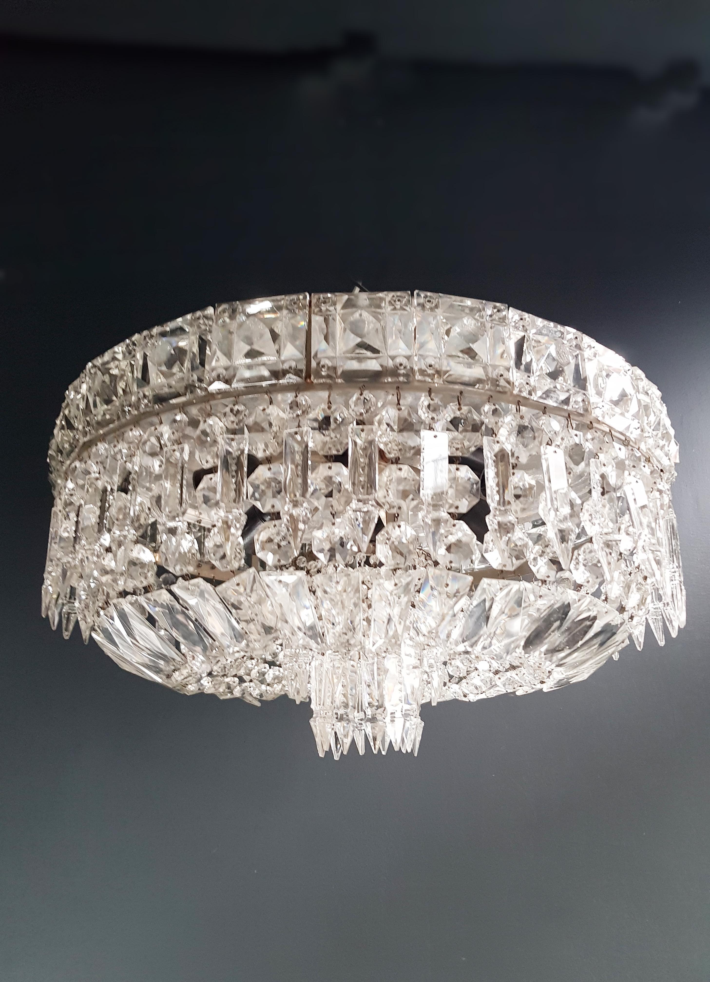 Europeo Plafonnier basso d'argento Art Deco Lampadario di cristallo Lustre da soffitto Antico in vendita