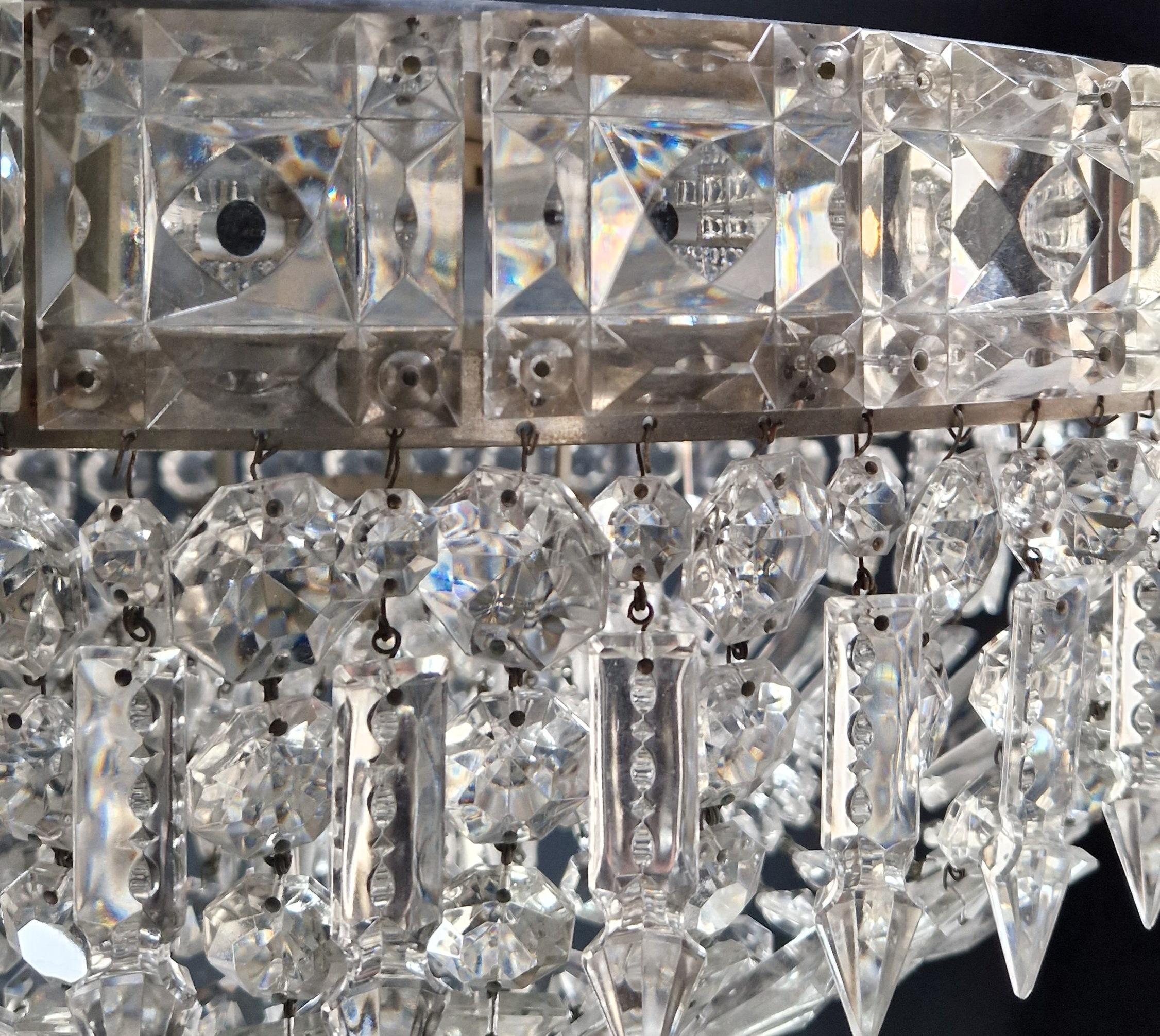 Hand-Knotted Art Deco Low Plafonnier Silver Crystal Chandelier Lustre Ceiling Lamp Antique For Sale