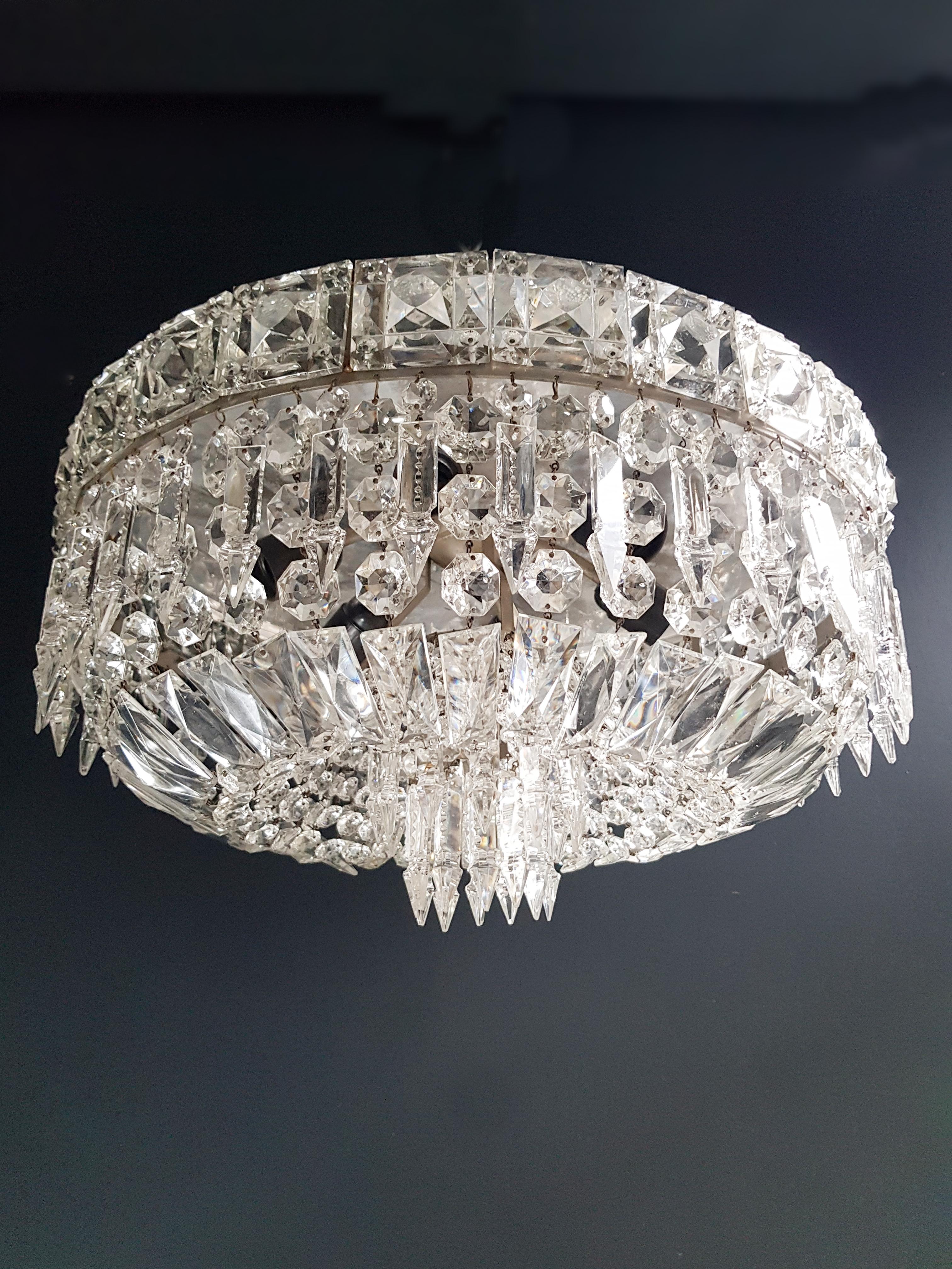 European Art Deco Low Plafonnier Silver Crystal Chandelier Lustre Ceiling Lamp Antique