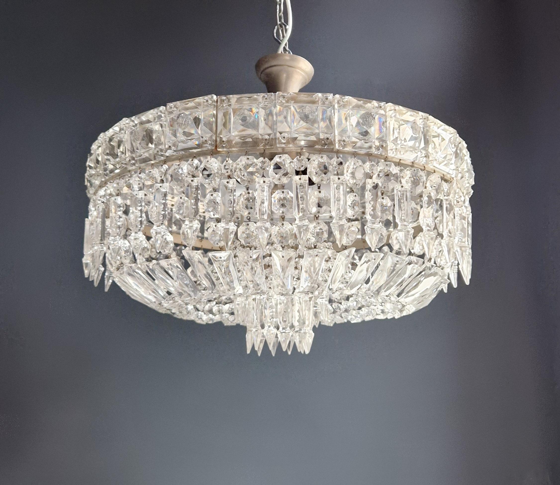 Art Deco Low Plafonnier Silver Crystal Chandelier Lustre Ceiling Lamp Antique In Good Condition For Sale In Berlin, DE
