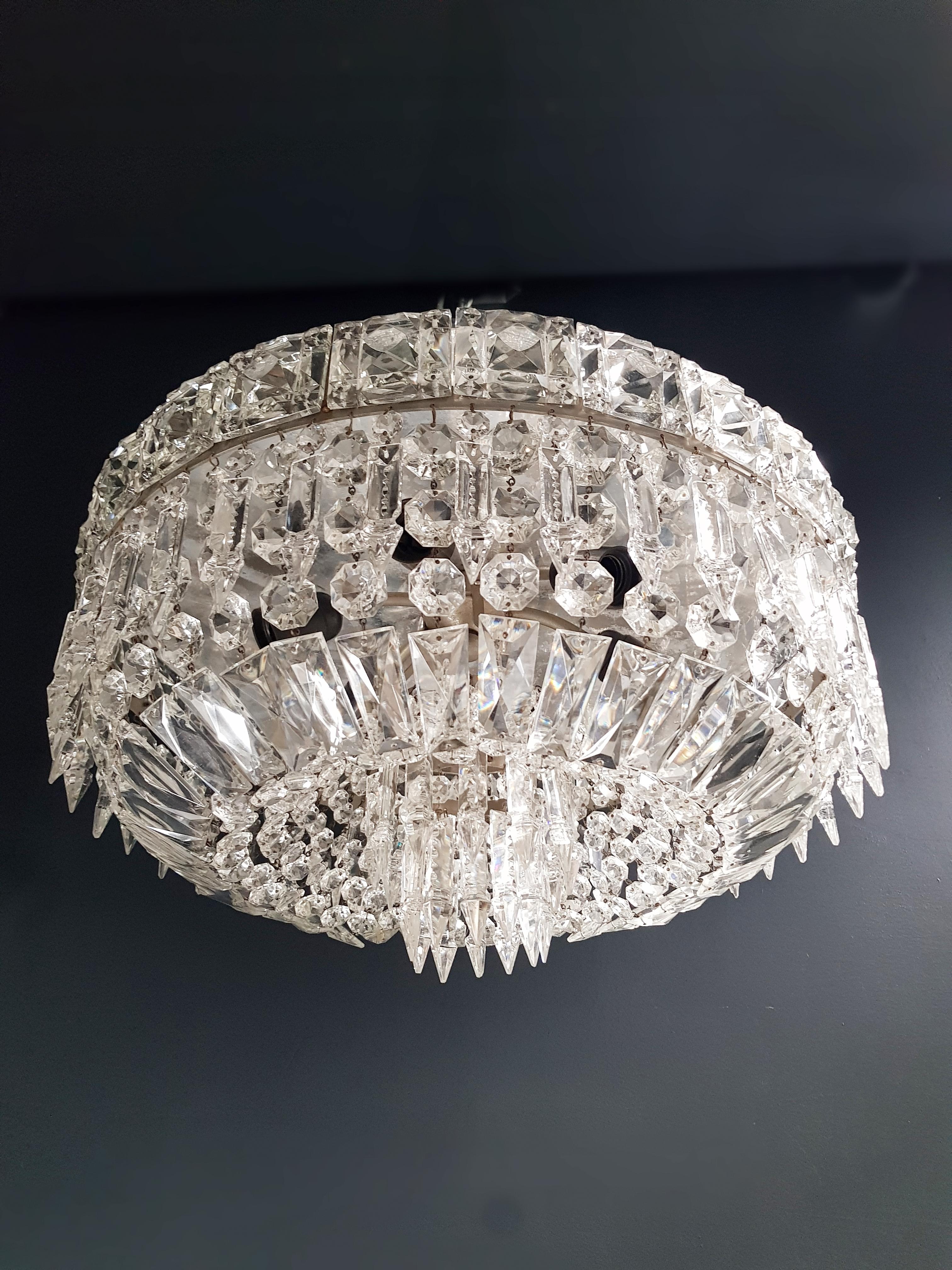 Plafonnier basso d'argento Art Deco Lampadario di cristallo Lustre da soffitto Antico In condizioni buone in vendita a Berlin, DE