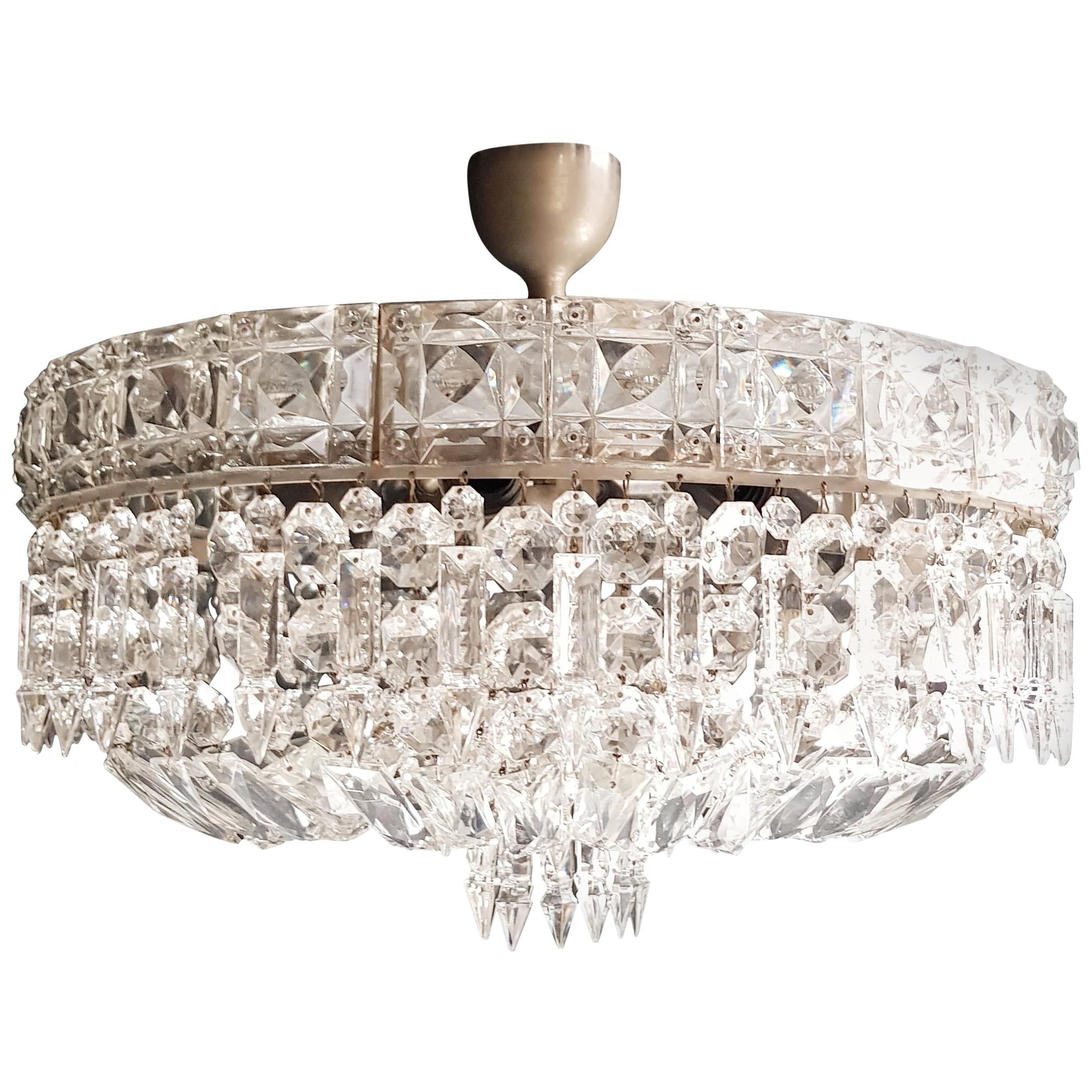 Art Deco Low Plafonnier Silver Crystal Chandelier Lustre Ceiling Lamp Antique