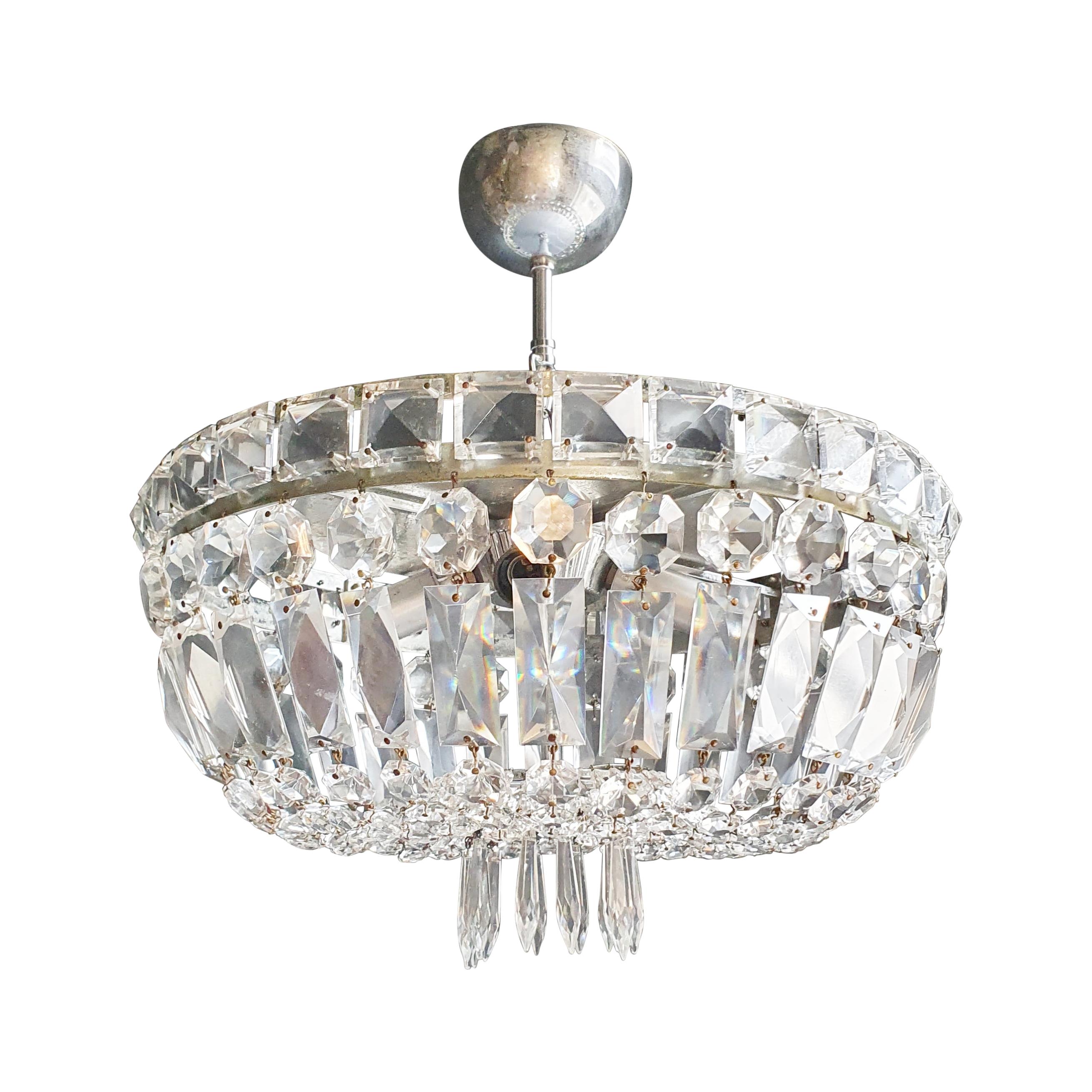 Art Deco Low Plafonnier Silver Crystal Chandelier Lustre Ceiling Lamp Antique