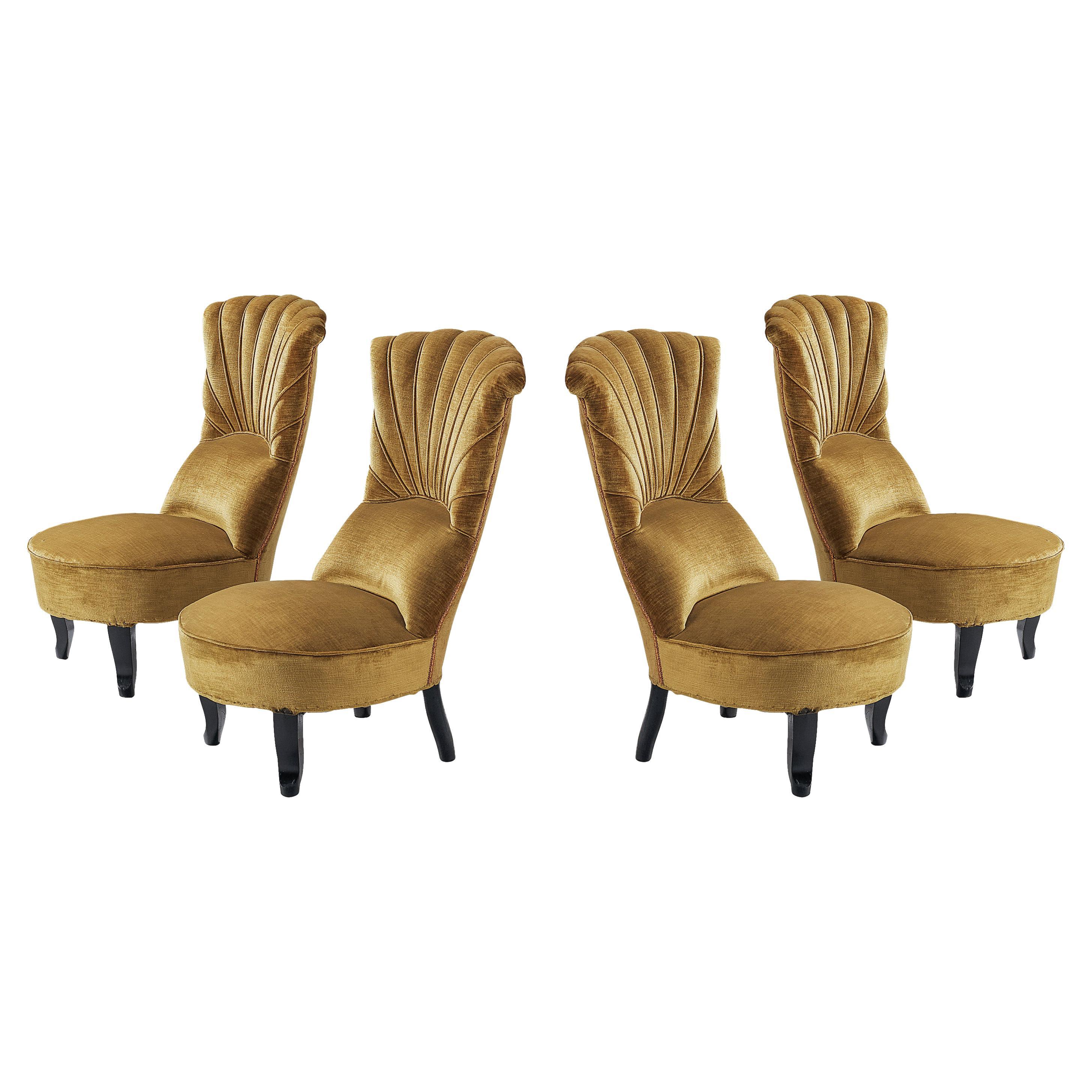 Art Deco Low Side Chairs in Mustard Velours Fabric For Sale