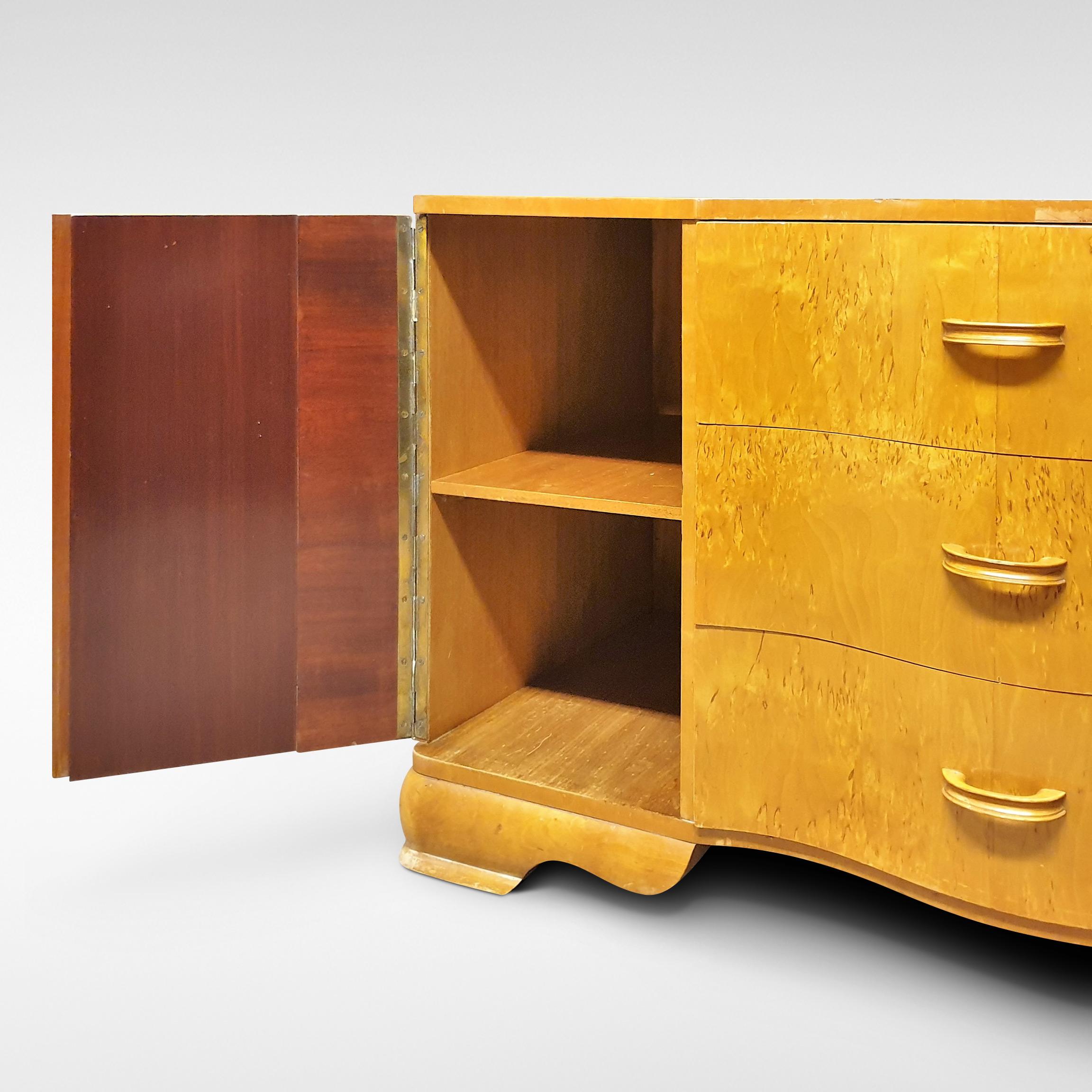 Veneer Art Deco Low TV Cabinet in Birchwood For Sale
