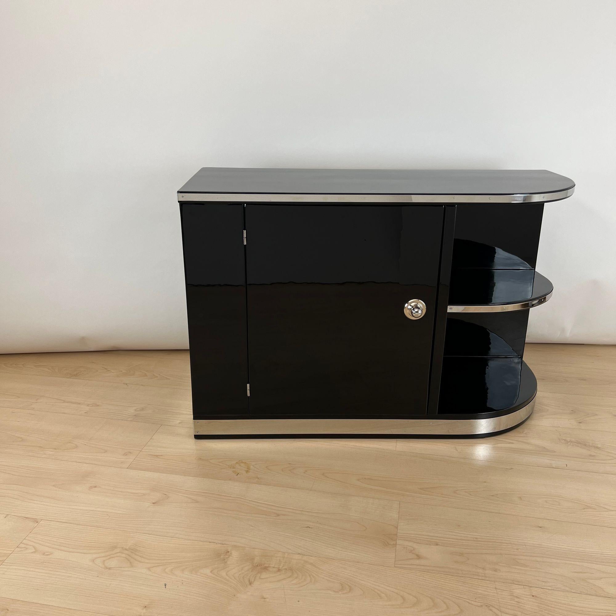 French Art Deco Lowboard, Black Lacquer, Chrome Fittings, France circa 1930 For Sale