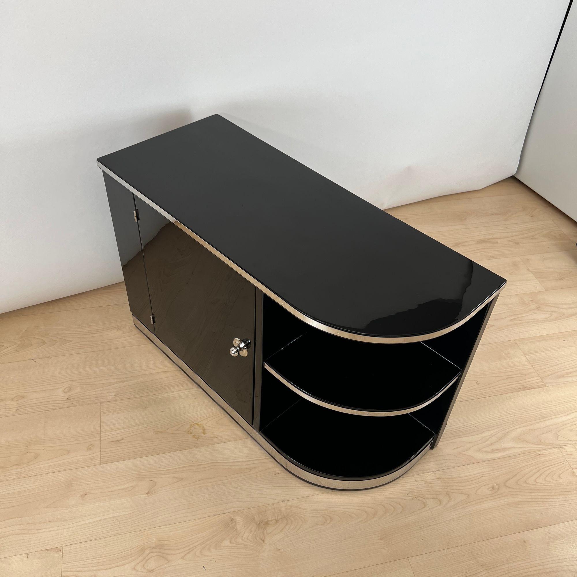 Lacquered Art Deco Lowboard, Black Lacquer, Chrome Fittings, France circa 1930 For Sale