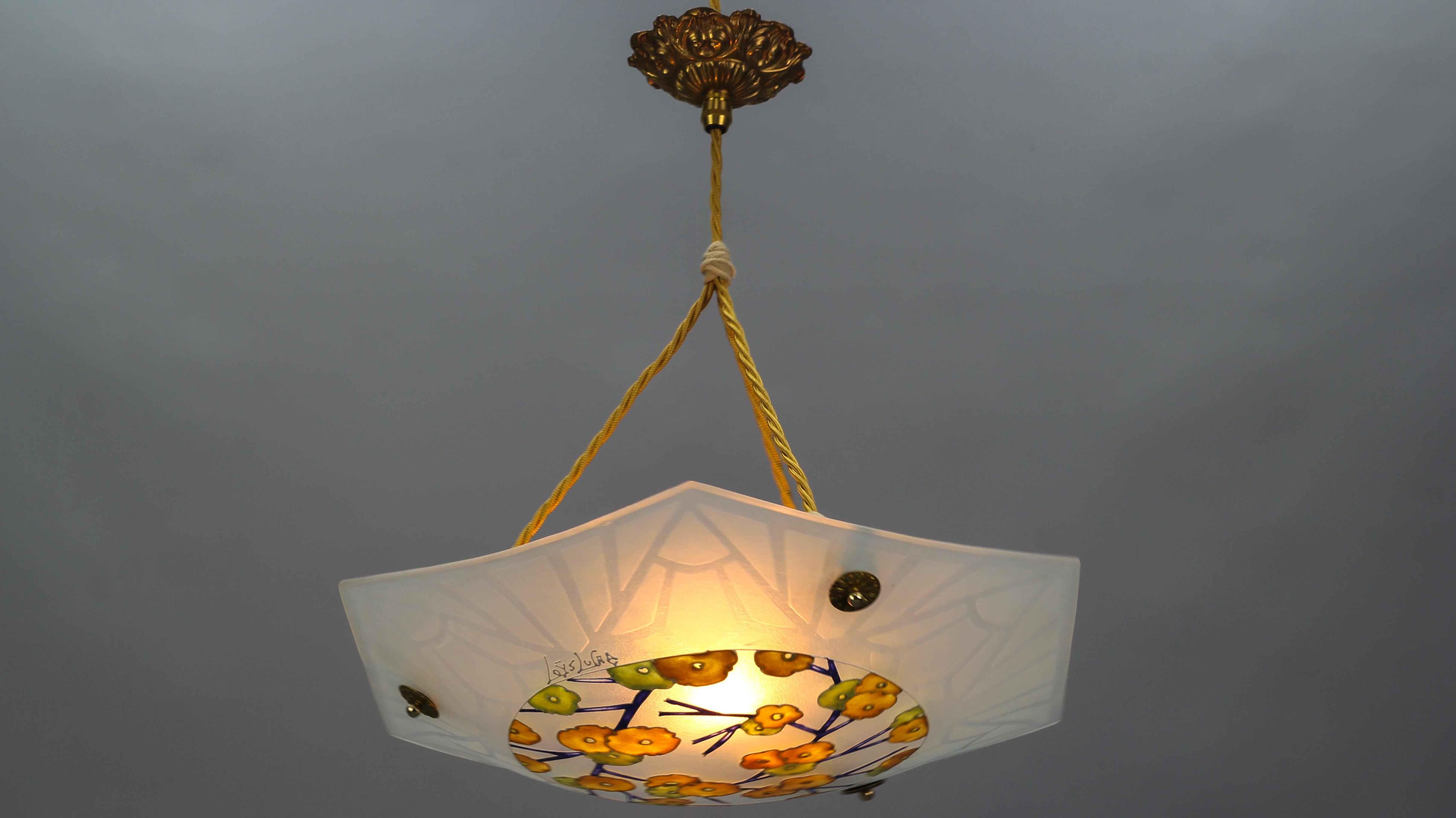 Art Deco Loys Lucha Signed Enameled and Frosted Glass Pendant Light, 1930s For Sale 4