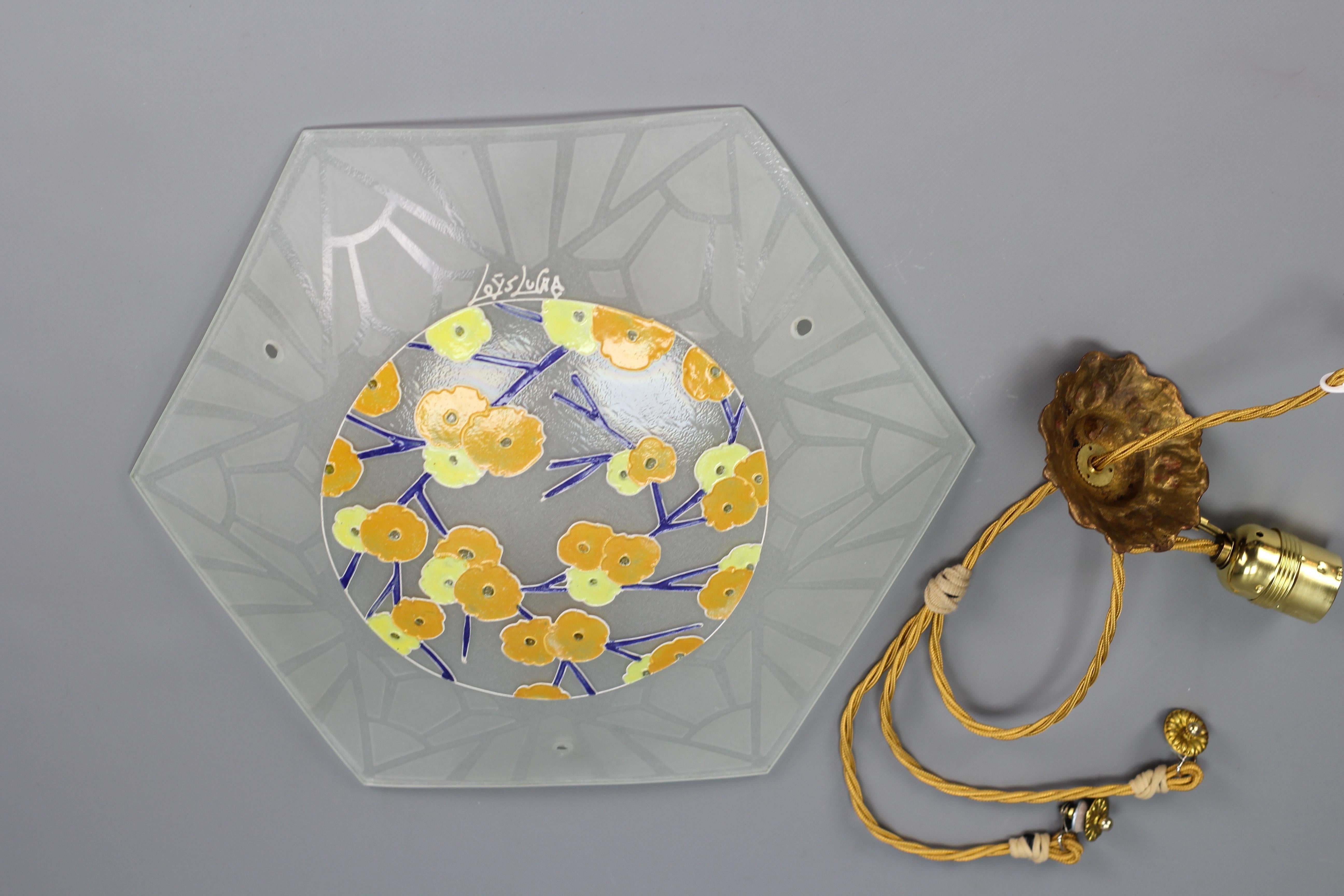 Art Deco Loys Lucha Signed Enameled and Frosted Glass Pendant Light, 1930s For Sale 9