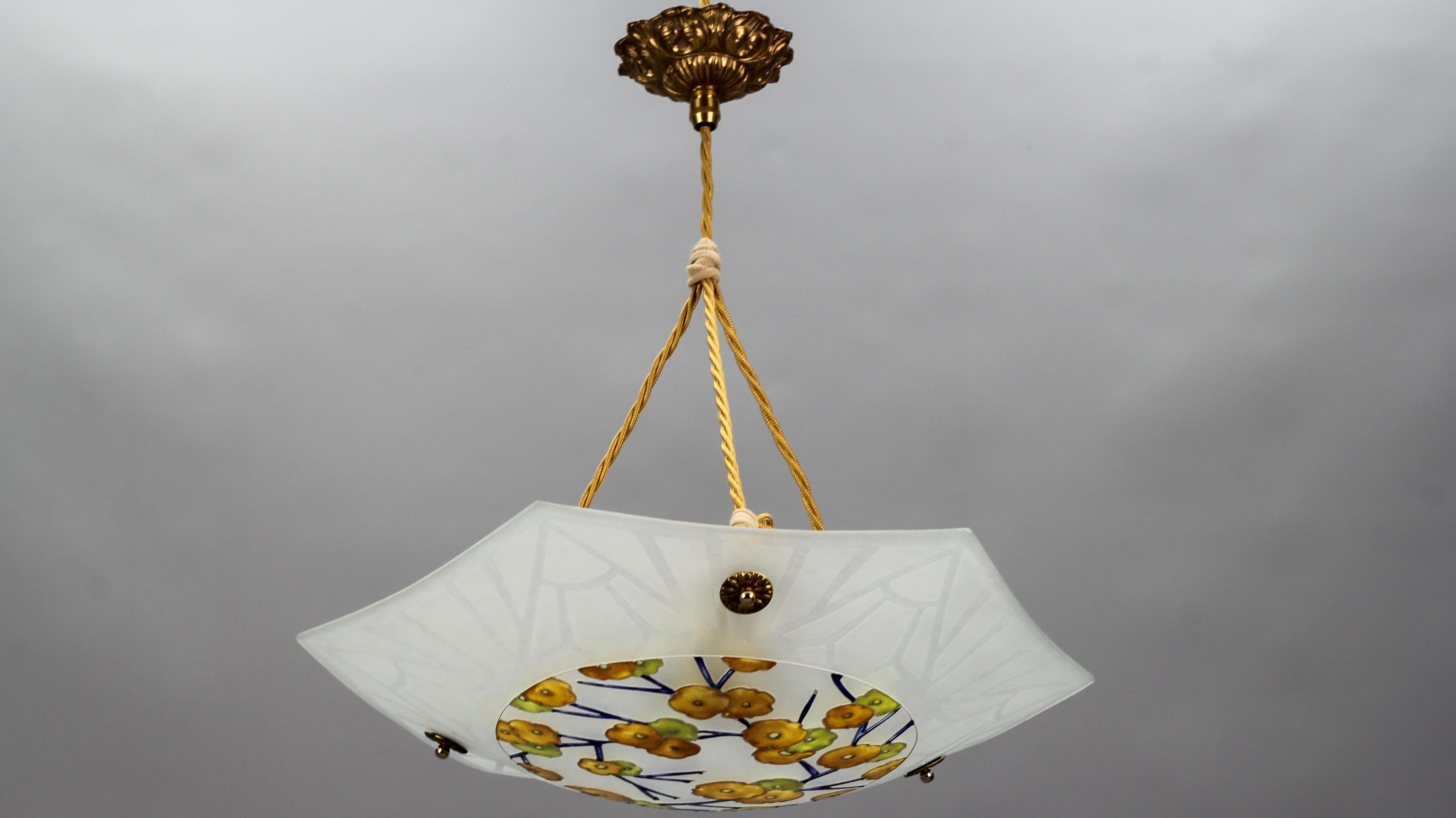 Art Deco Loys Lucha Signed Enameled and Frosted Glass Pendant Light, 1930s For Sale 13