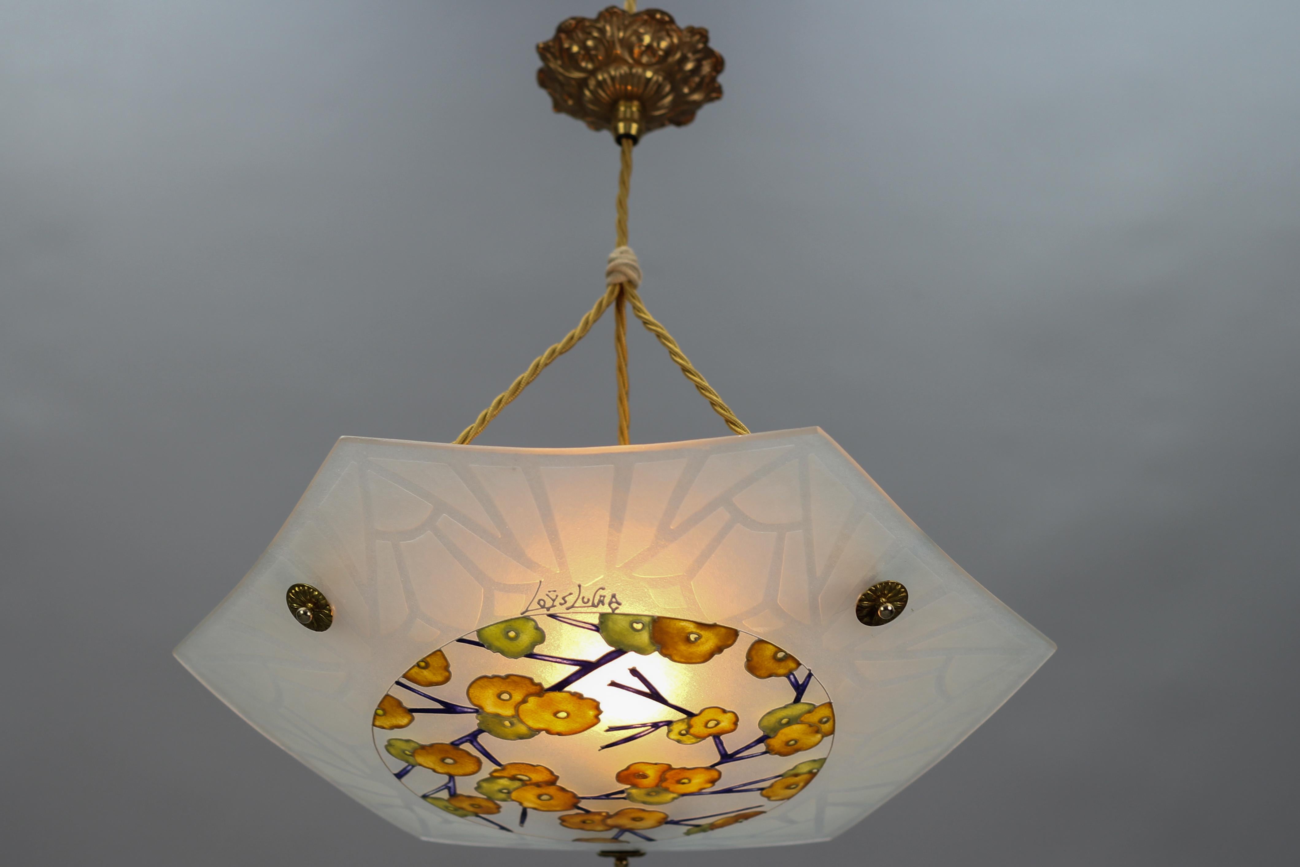 French Art Deco Loys Lucha Signed Enameled and Frosted Glass Pendant Light, 1930s For Sale