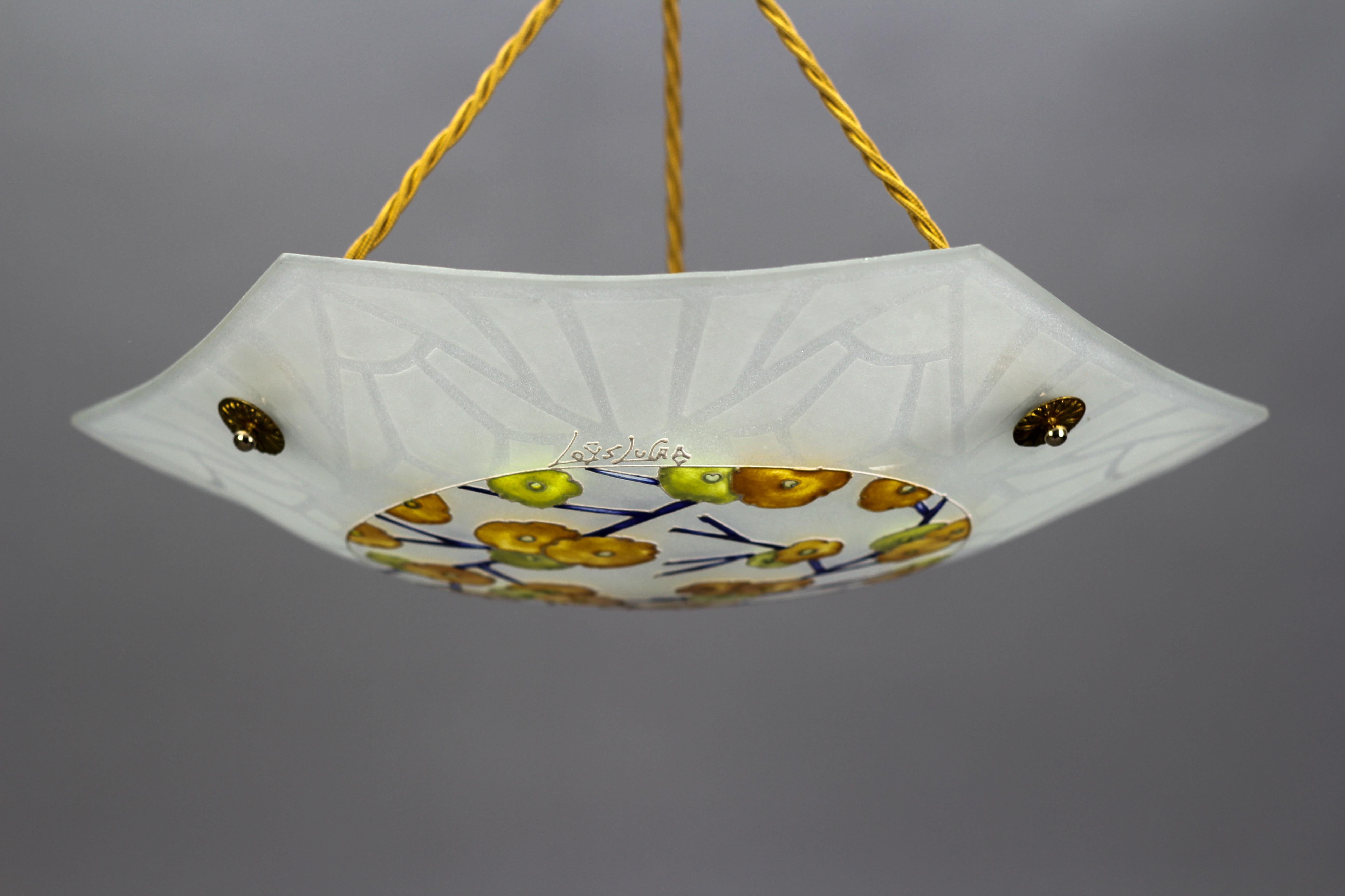 Vetro Lampada a sospensione in vetro smerigliato e smaltato firmata Art Déco Loys Lucha, anni '30 in vendita