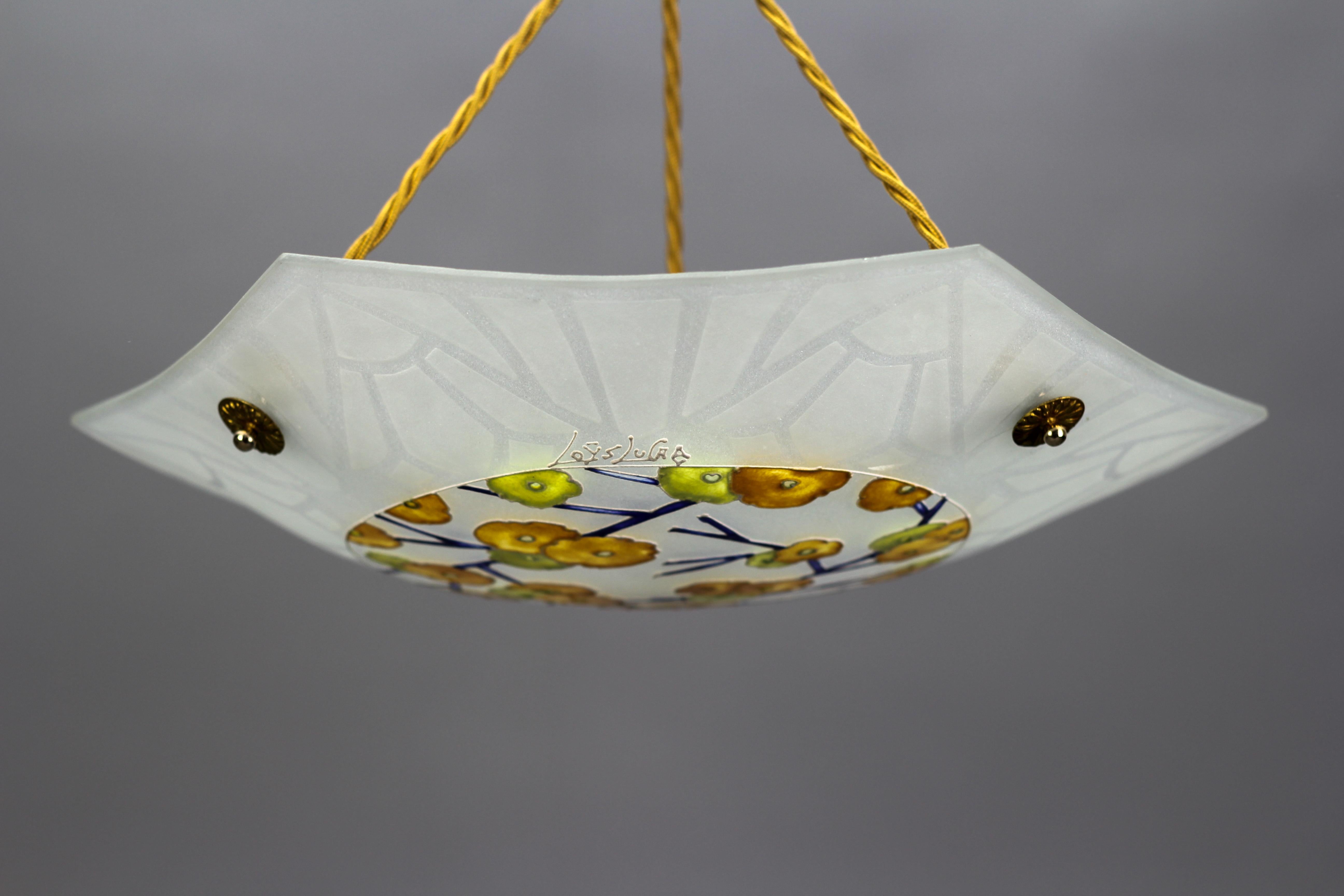 Metal Art Deco Loys Lucha Signed Enameled and Frosted Glass Pendant Light, 1930s For Sale