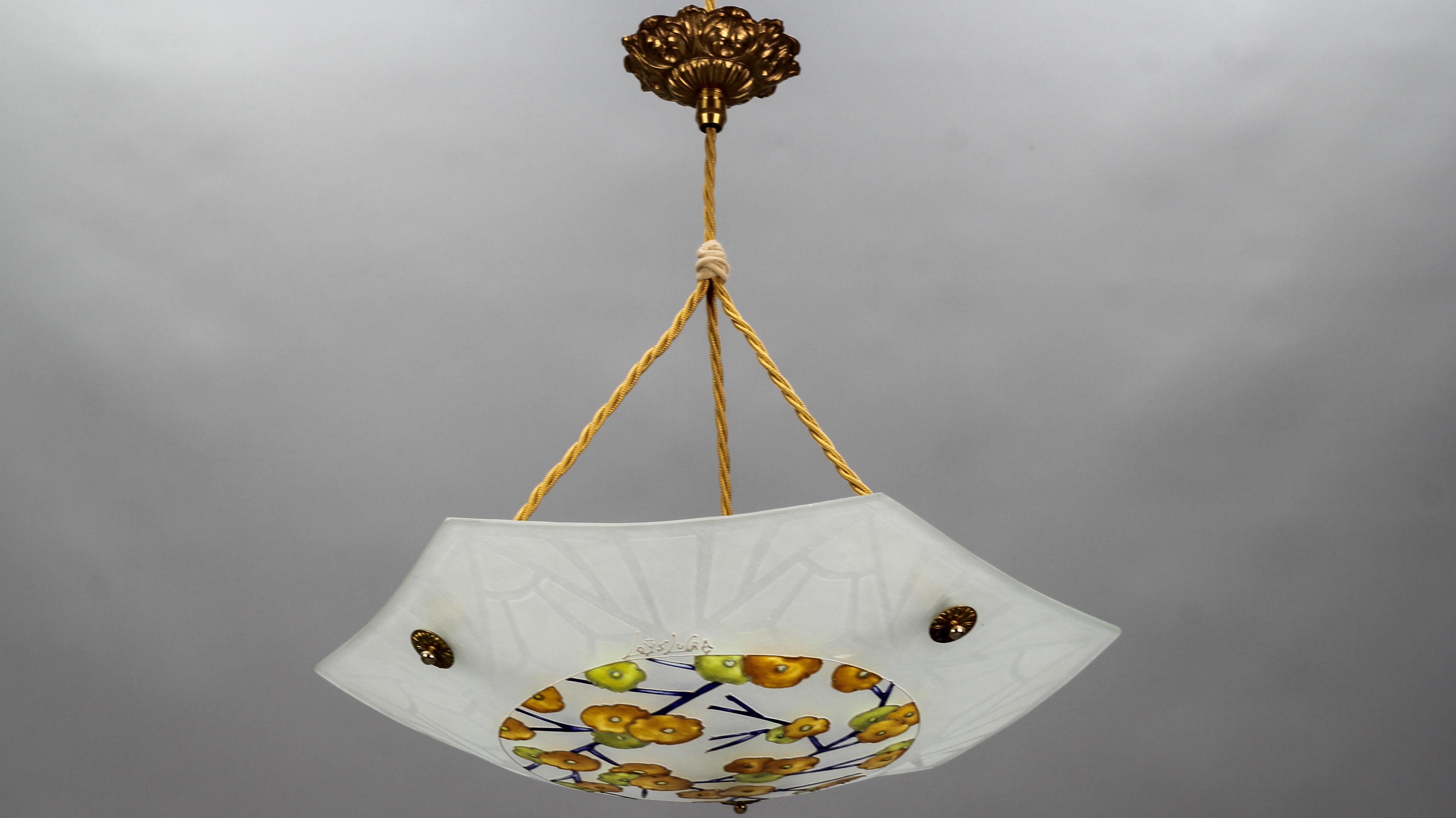 Art Deco Loys Lucha Signed Enameled and Frosted Glass Pendant Light, 1930s For Sale 1