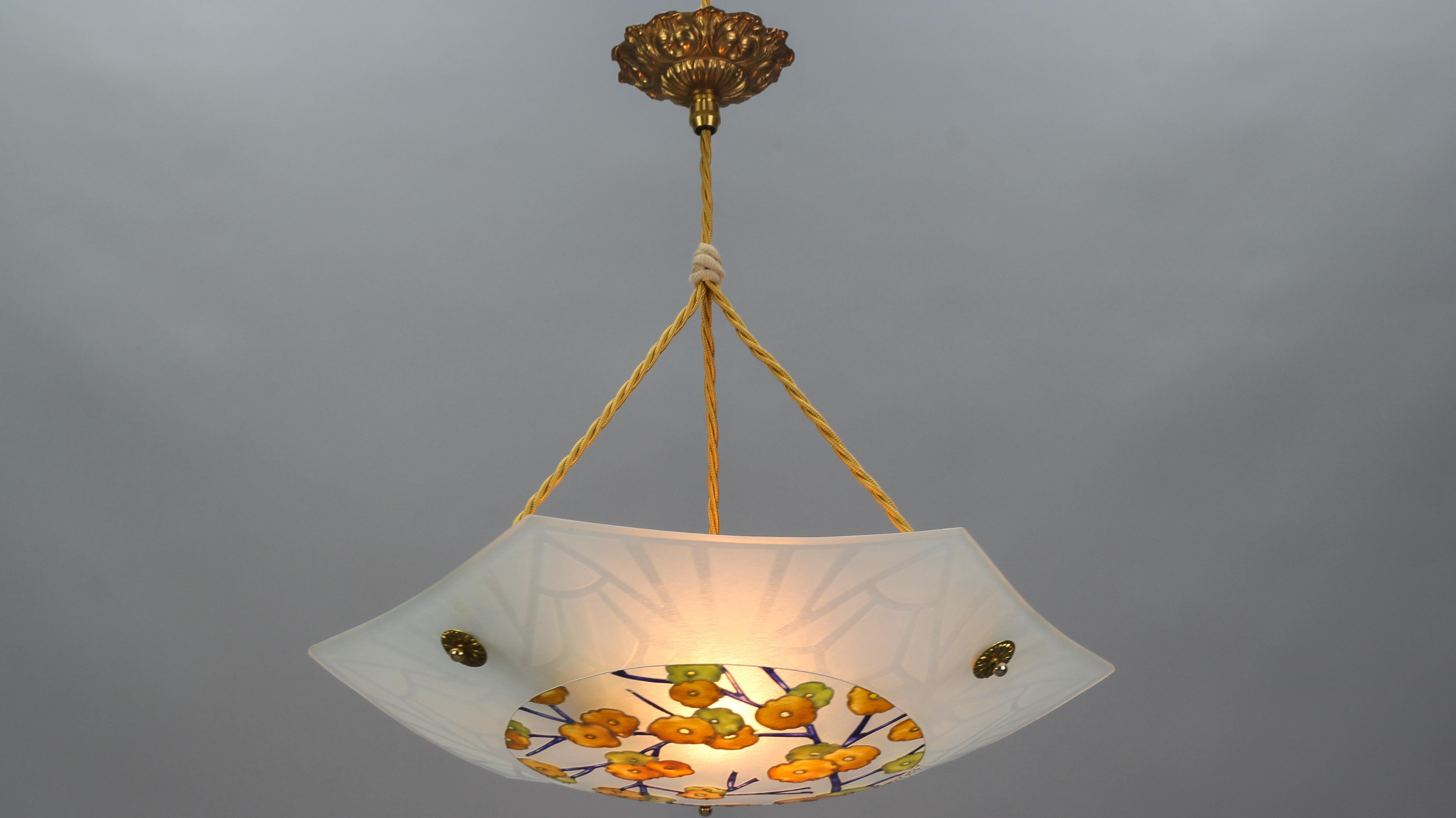 Art Deco Loys Lucha Signed Enameled and Frosted Glass Pendant Light, 1930s For Sale 2