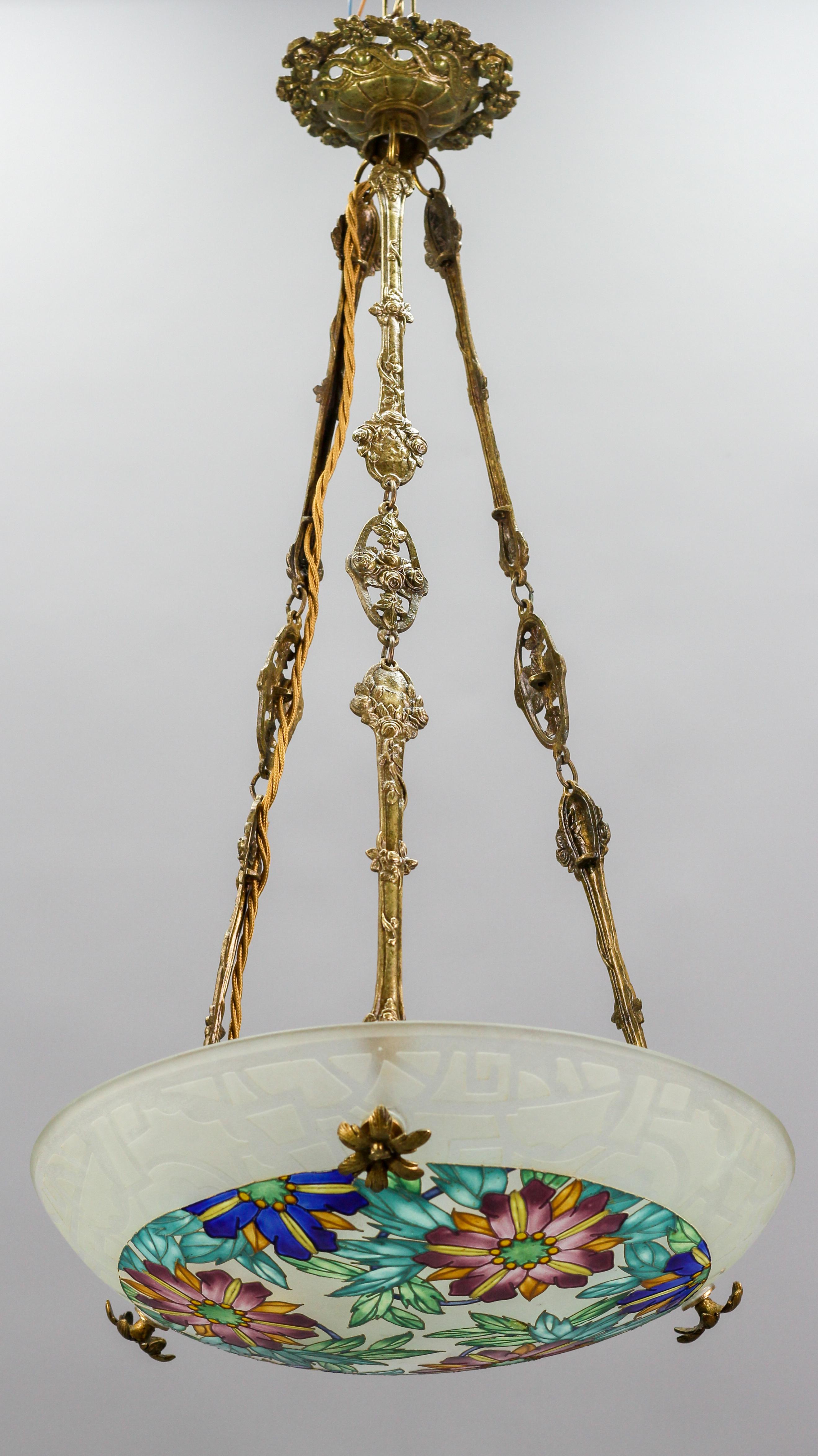 Art Deco Loys Lucha Signed Enameled Floral Glass and Bronze Pendant Light, 1930s For Sale 7