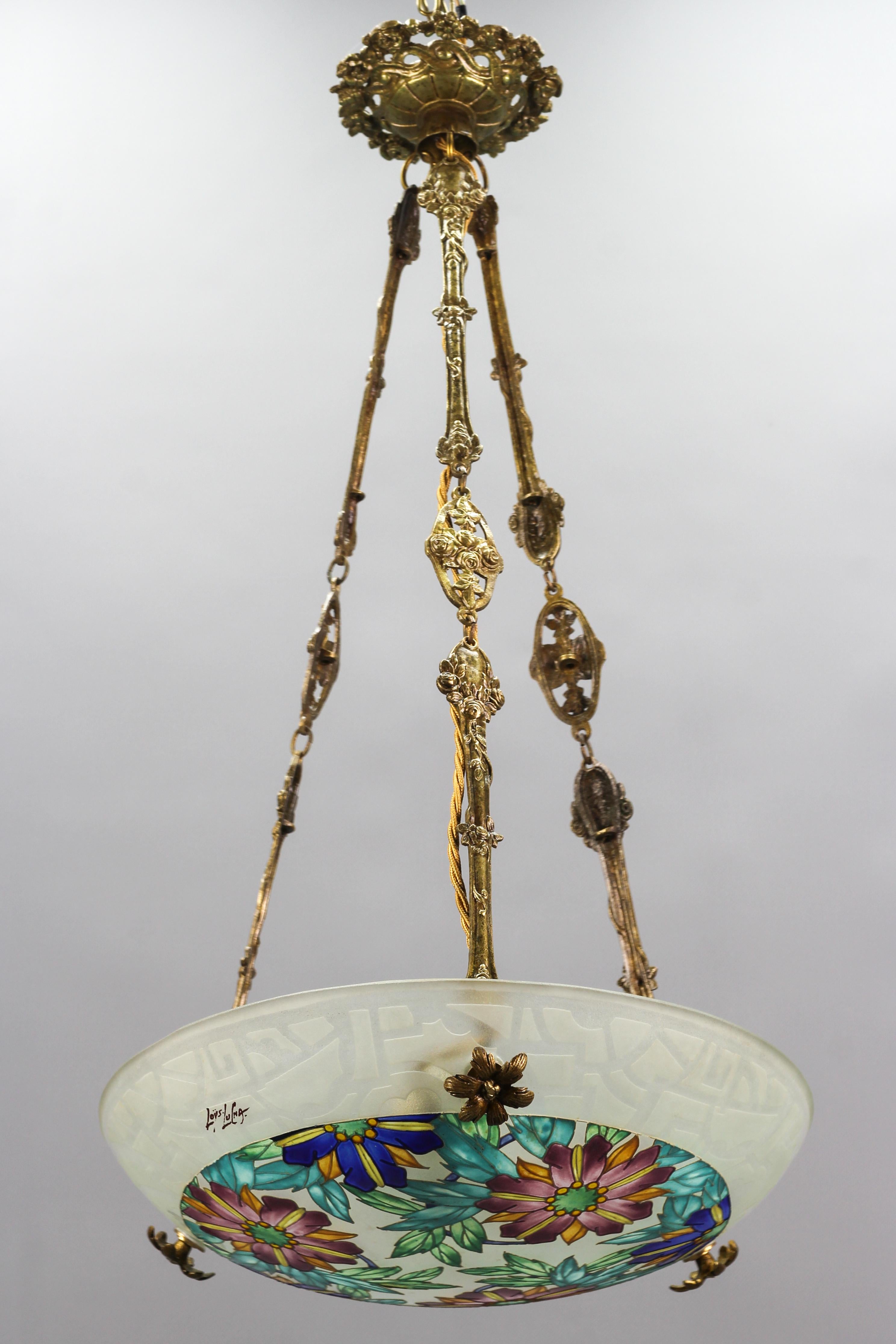 Art Deco Loys Lucha Signed Enameled Floral Glass and Bronze Pendant Light, 1930s For Sale 8
