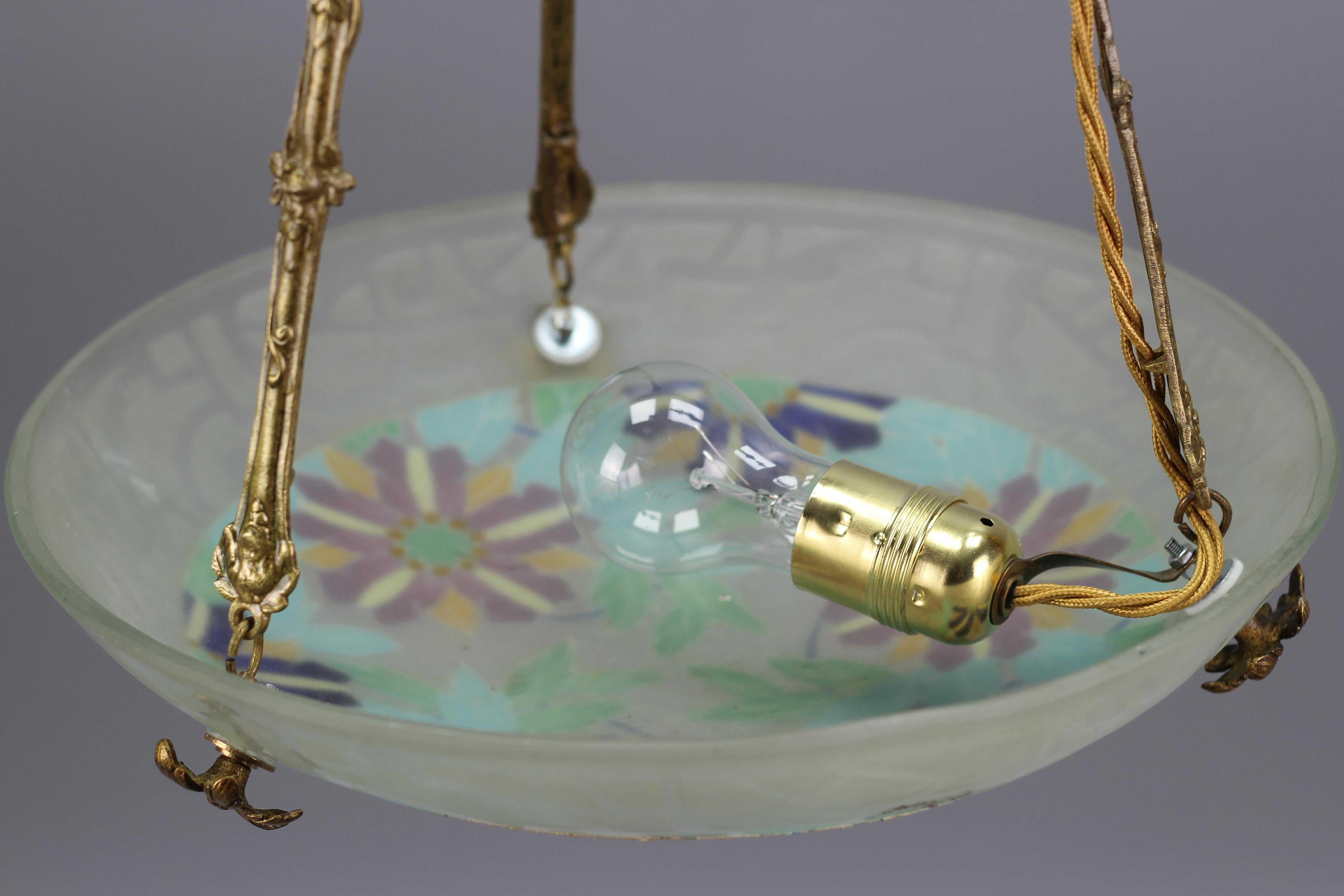 Art Deco Loys Lucha Signed Enameled Floral Glass and Bronze Pendant Light, 1930s For Sale 10