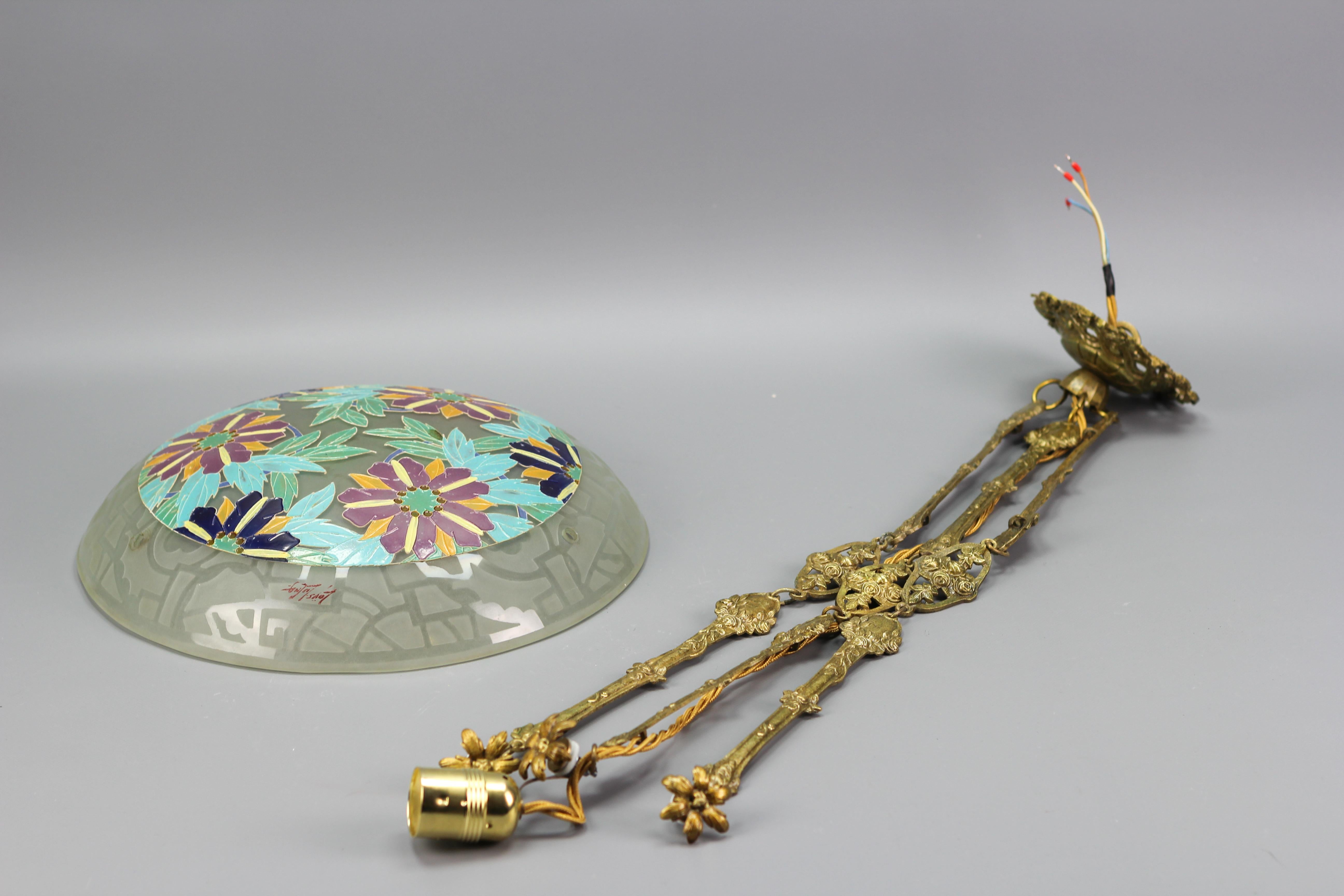 Art Deco Loys Lucha Signed Enameled Floral Glass and Bronze Pendant Light, 1930s For Sale 12
