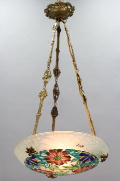 Art Deco Pendant Light by Loys Lucha, Enameled Glass & Bronze, 1930s
