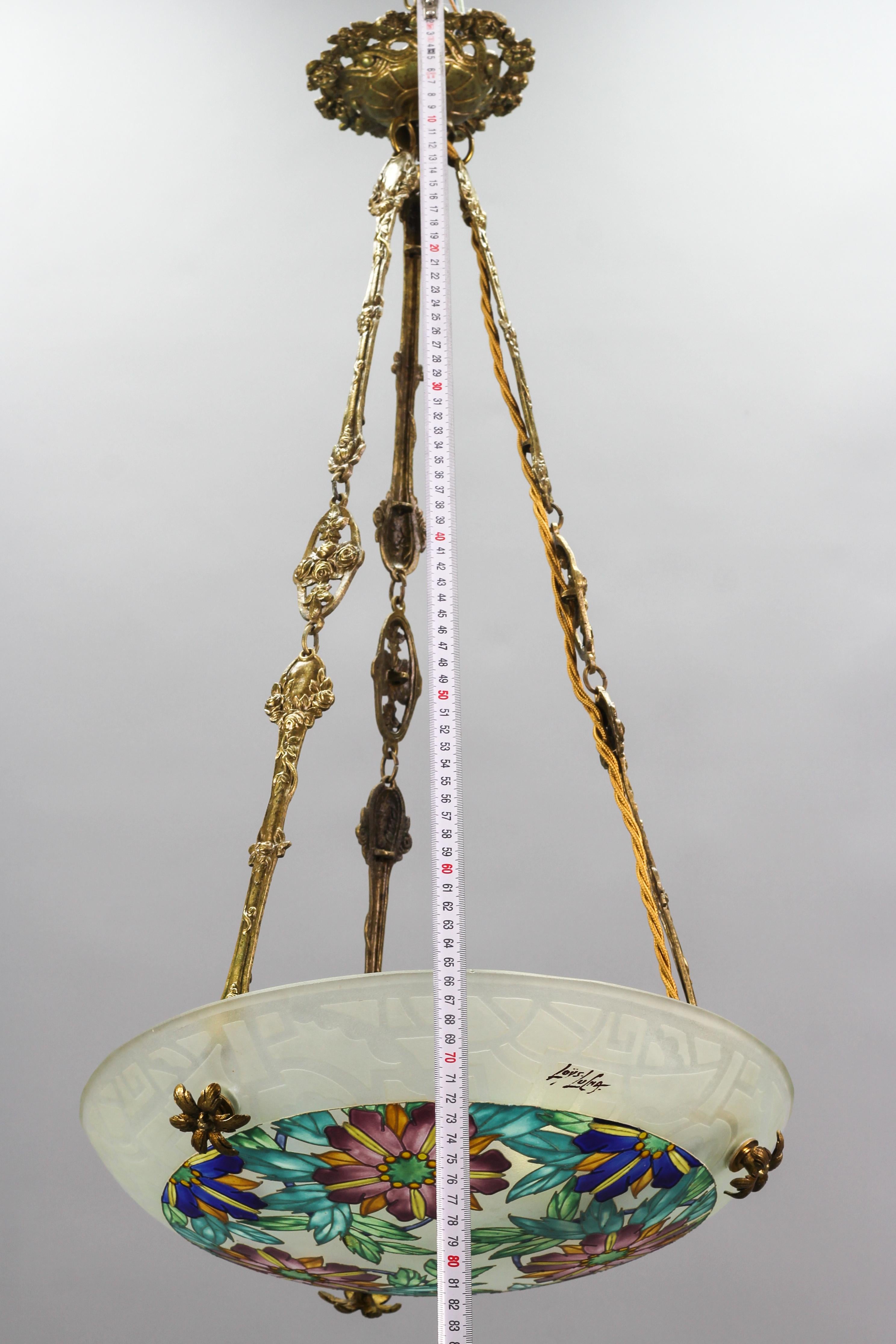 Lampe à suspension Art Déco Loys Lucha en verre émaillé à motifs floraux et bronze, années 1930 en vente 10