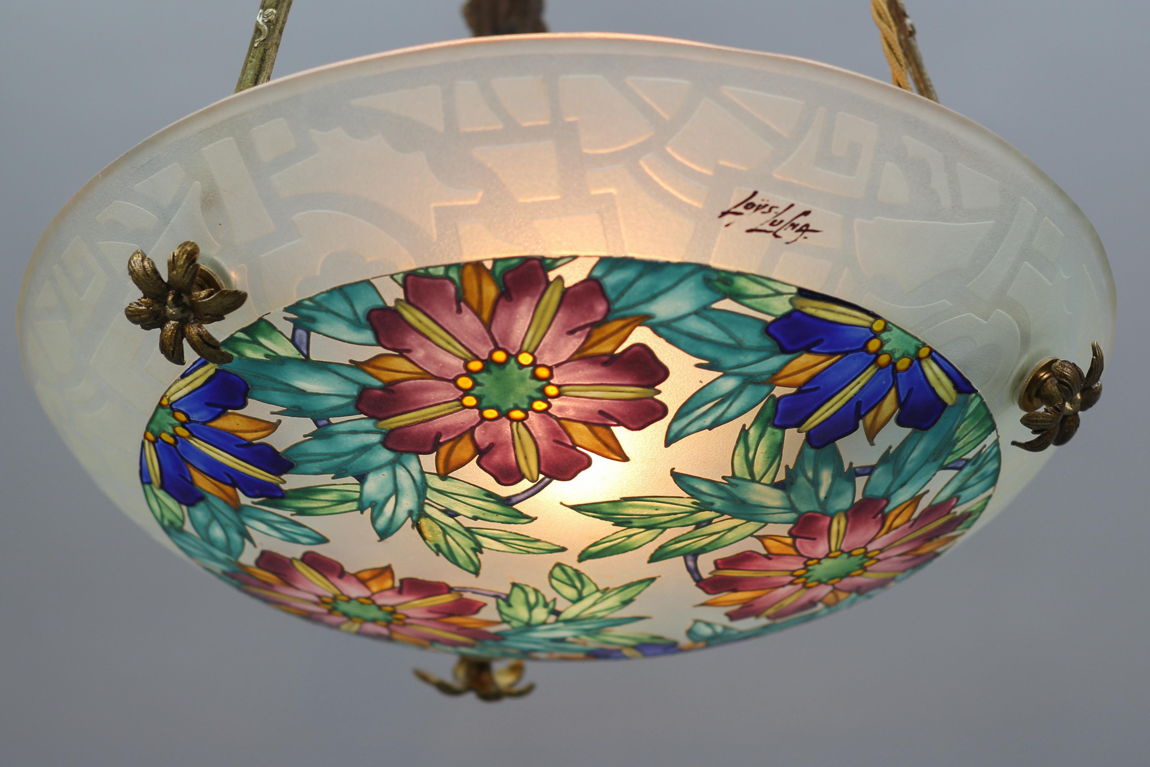 French Art Deco Loys Lucha Signed Enameled Floral Glass and Bronze Pendant Light, 1930s For Sale