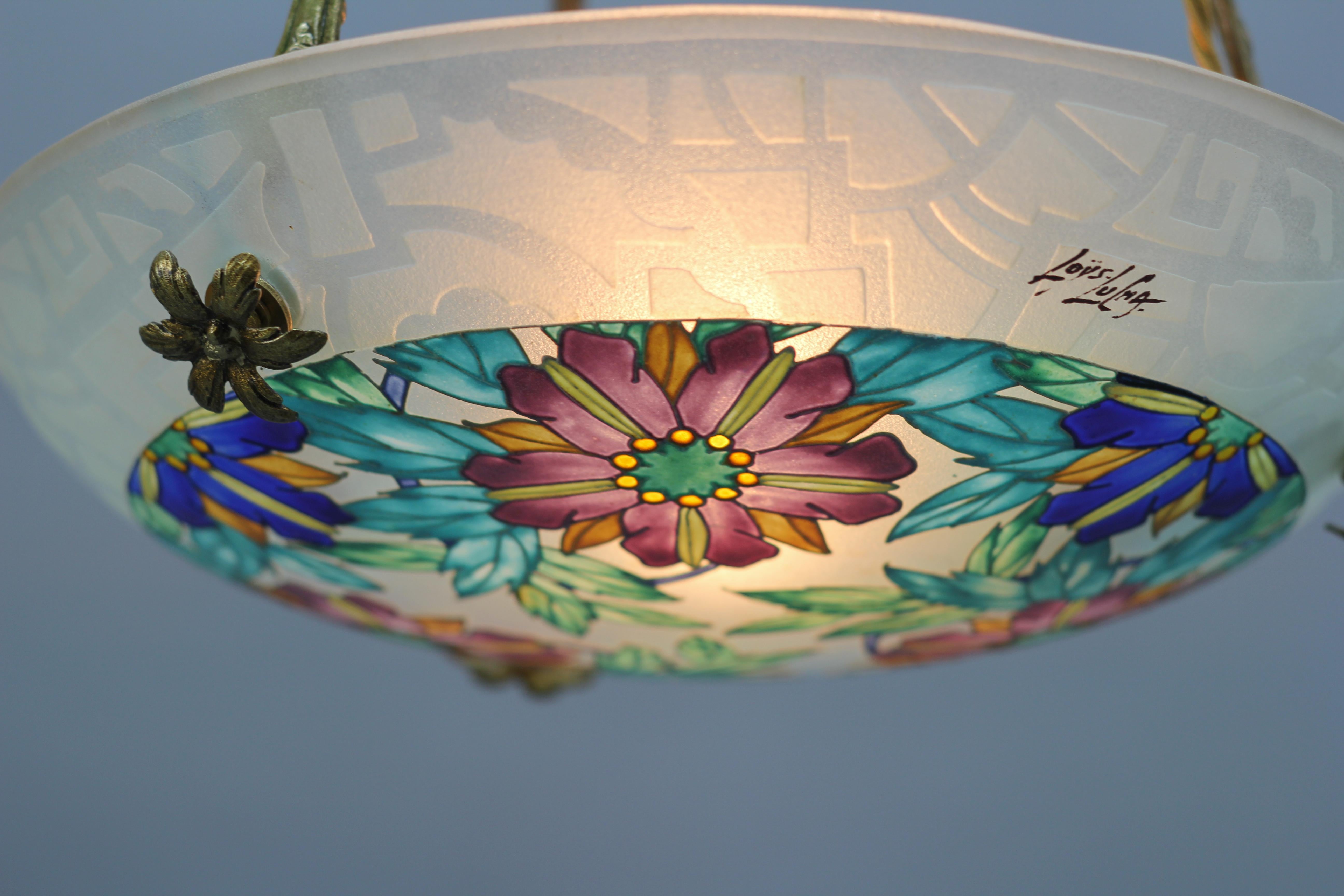 Art Deco Loys Lucha Signed Enameled Floral Glass and Bronze Pendant Light, 1930s In Good Condition For Sale In Barntrup, DE