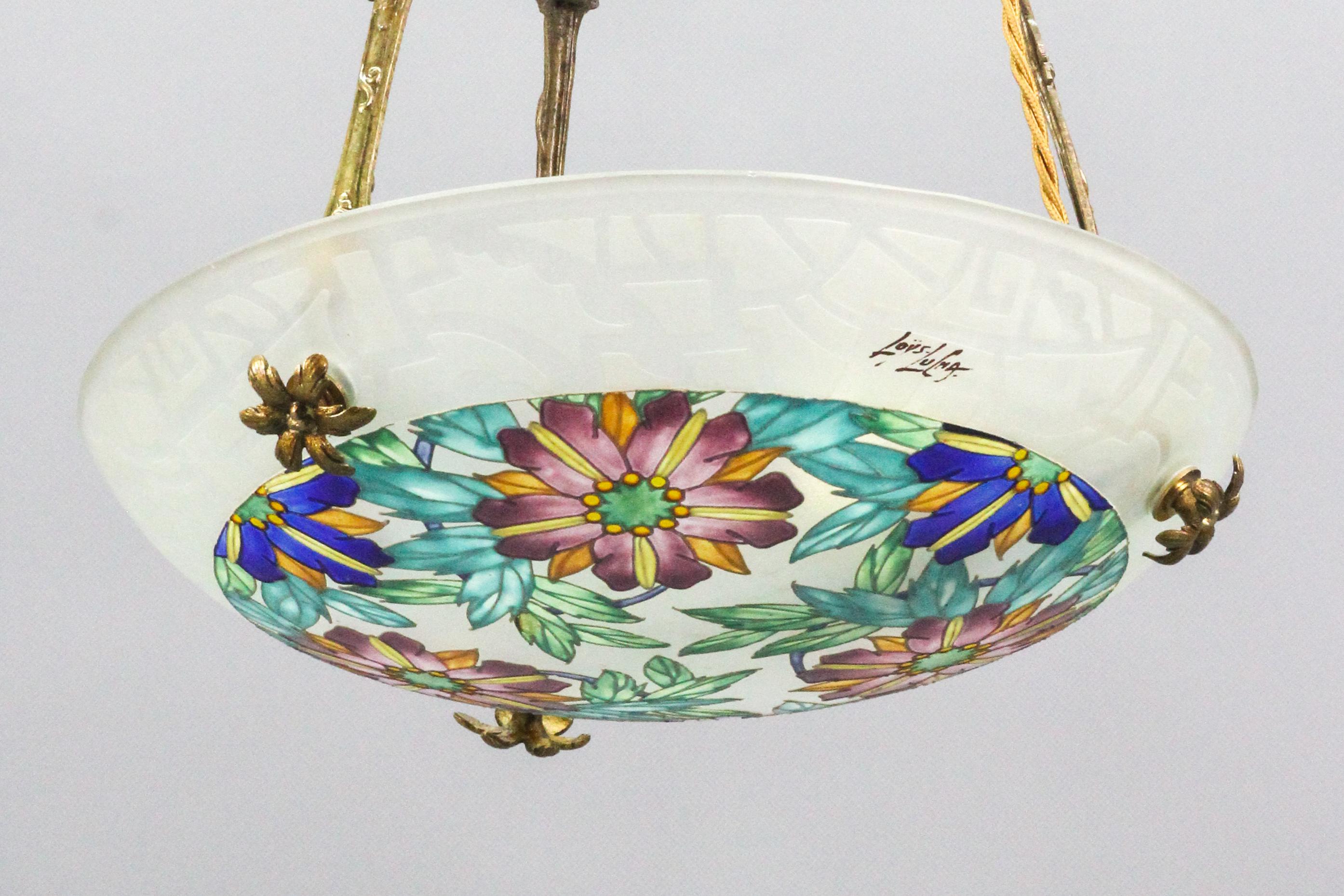 Mid-20th Century Art Deco Loys Lucha Signed Enameled Floral Glass and Bronze Pendant Light, 1930s For Sale