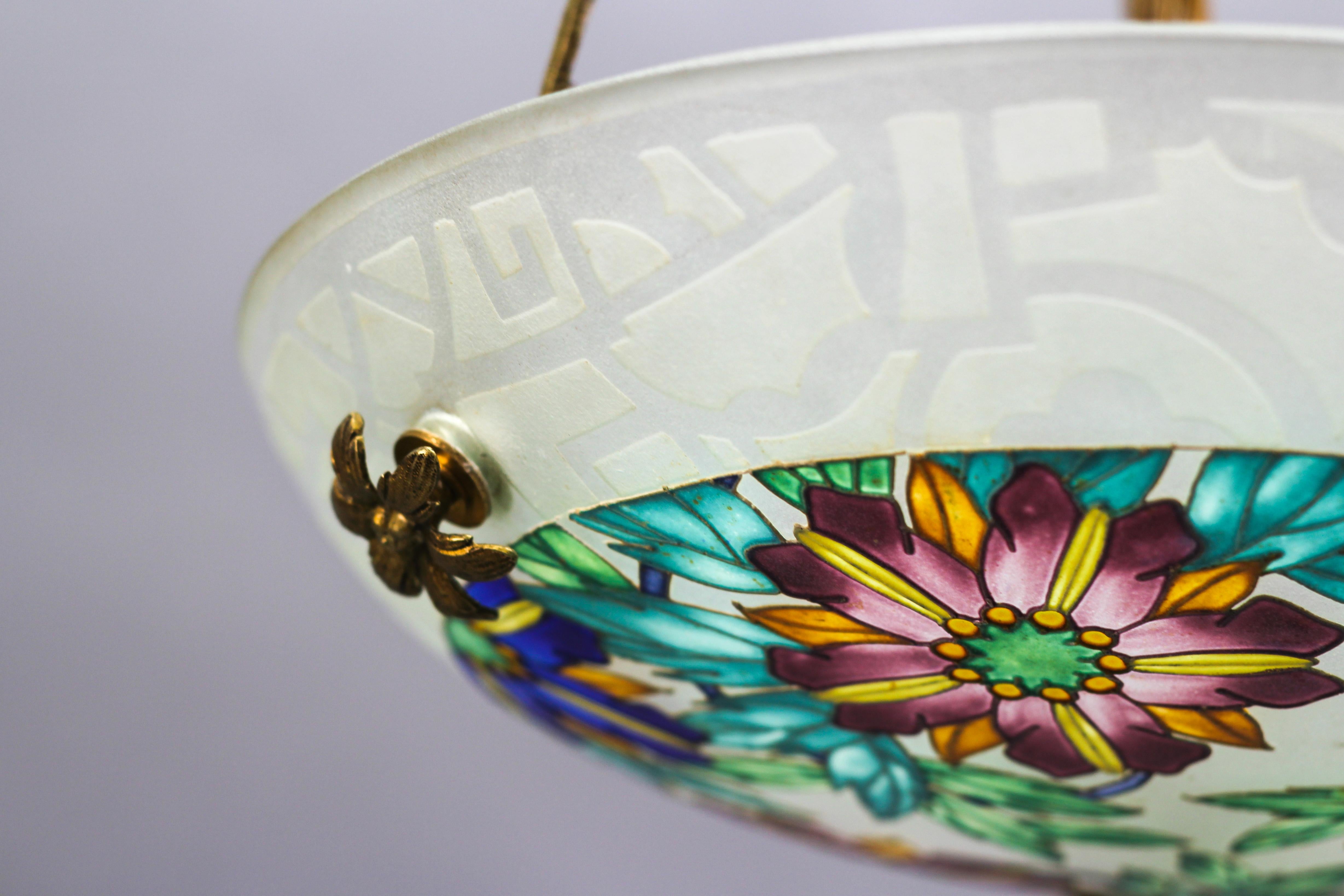 Art Deco Loys Lucha Signed Enameled Floral Glass and Bronze Pendant Light, 1930s For Sale 1