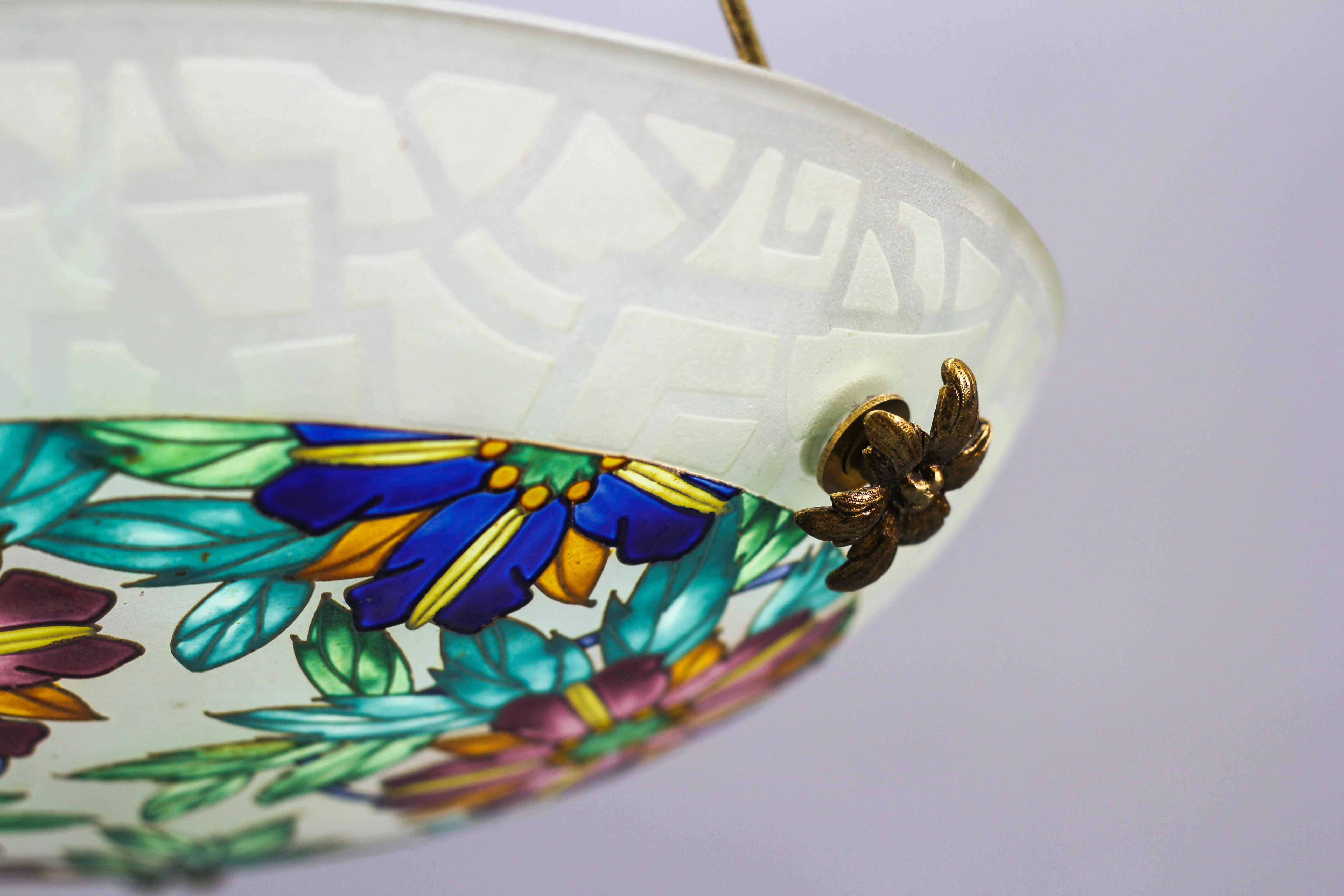 Art Deco Loys Lucha Signed Enameled Floral Glass and Bronze Pendant Light, 1930s For Sale 2