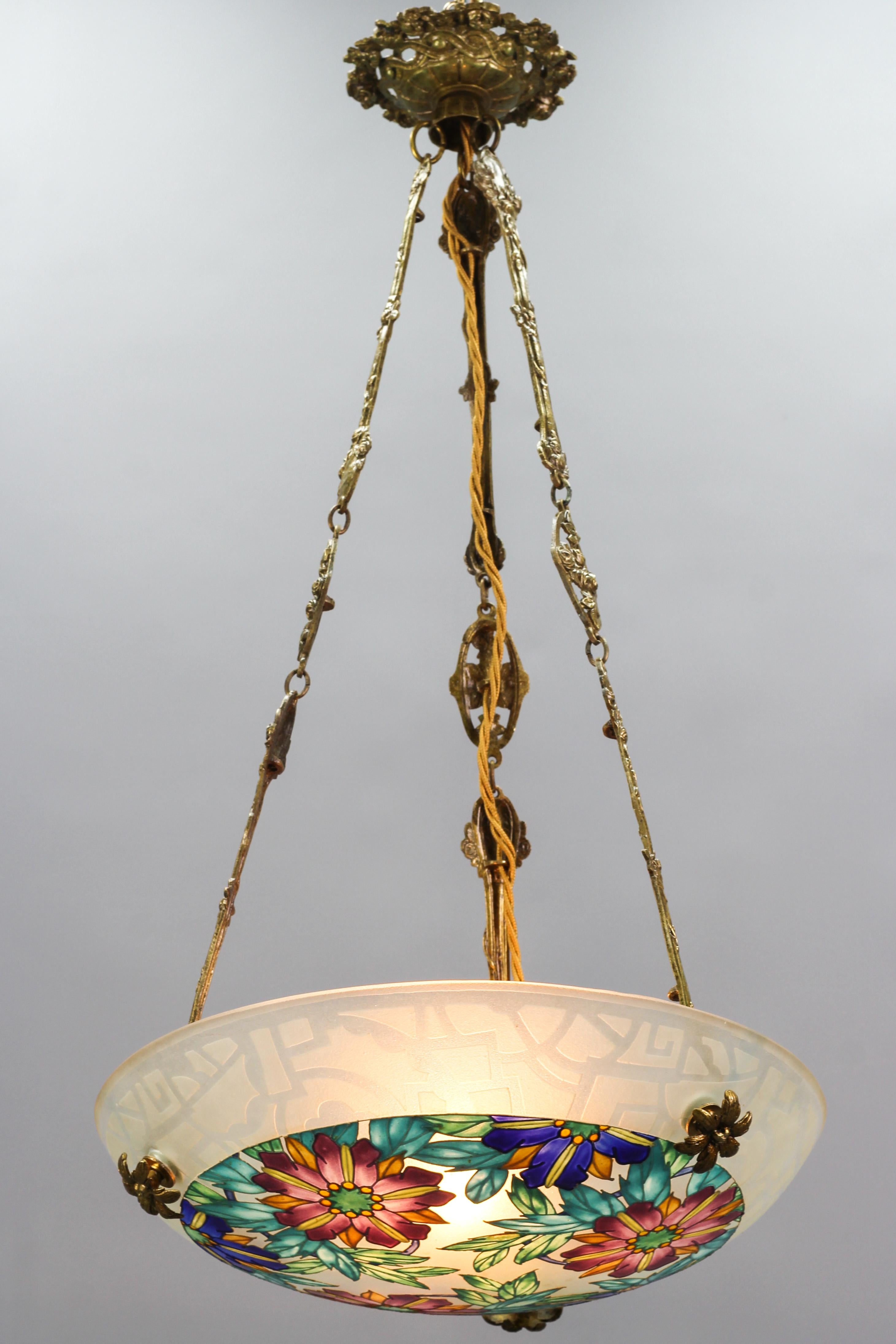 Art Deco Loys Lucha Signed Enameled Floral Glass and Bronze Pendant Light, 1930s For Sale 3