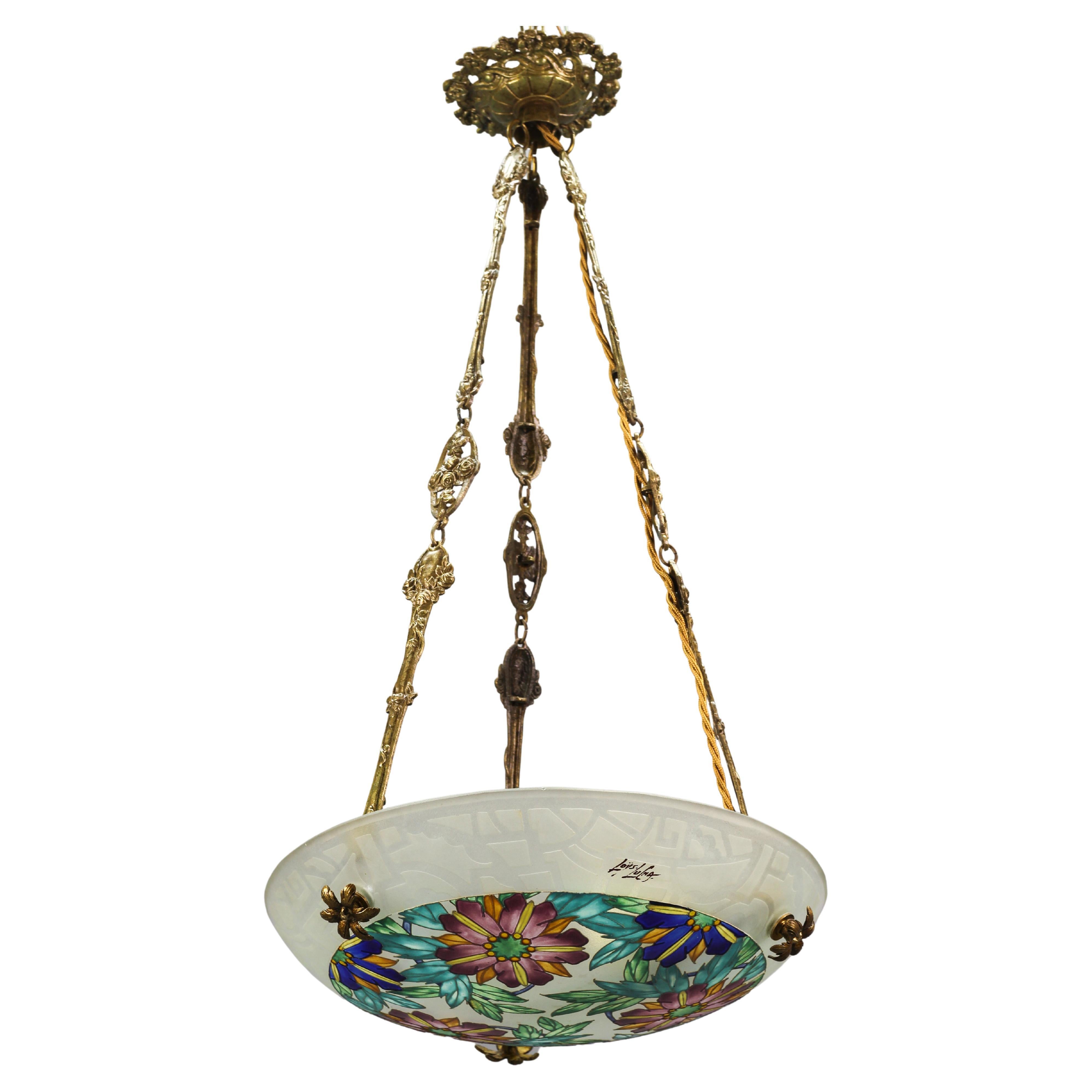 Art Deco Loys Lucha Signed Enameled Floral Glass and Bronze Pendant Light, 1930s For Sale