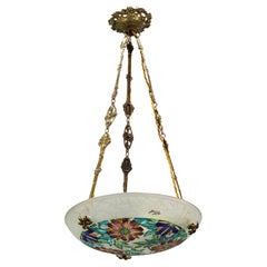 Art Deco Loys Lucha Signed Enameled Floral Glass and Bronze Pendant Light, 1930s