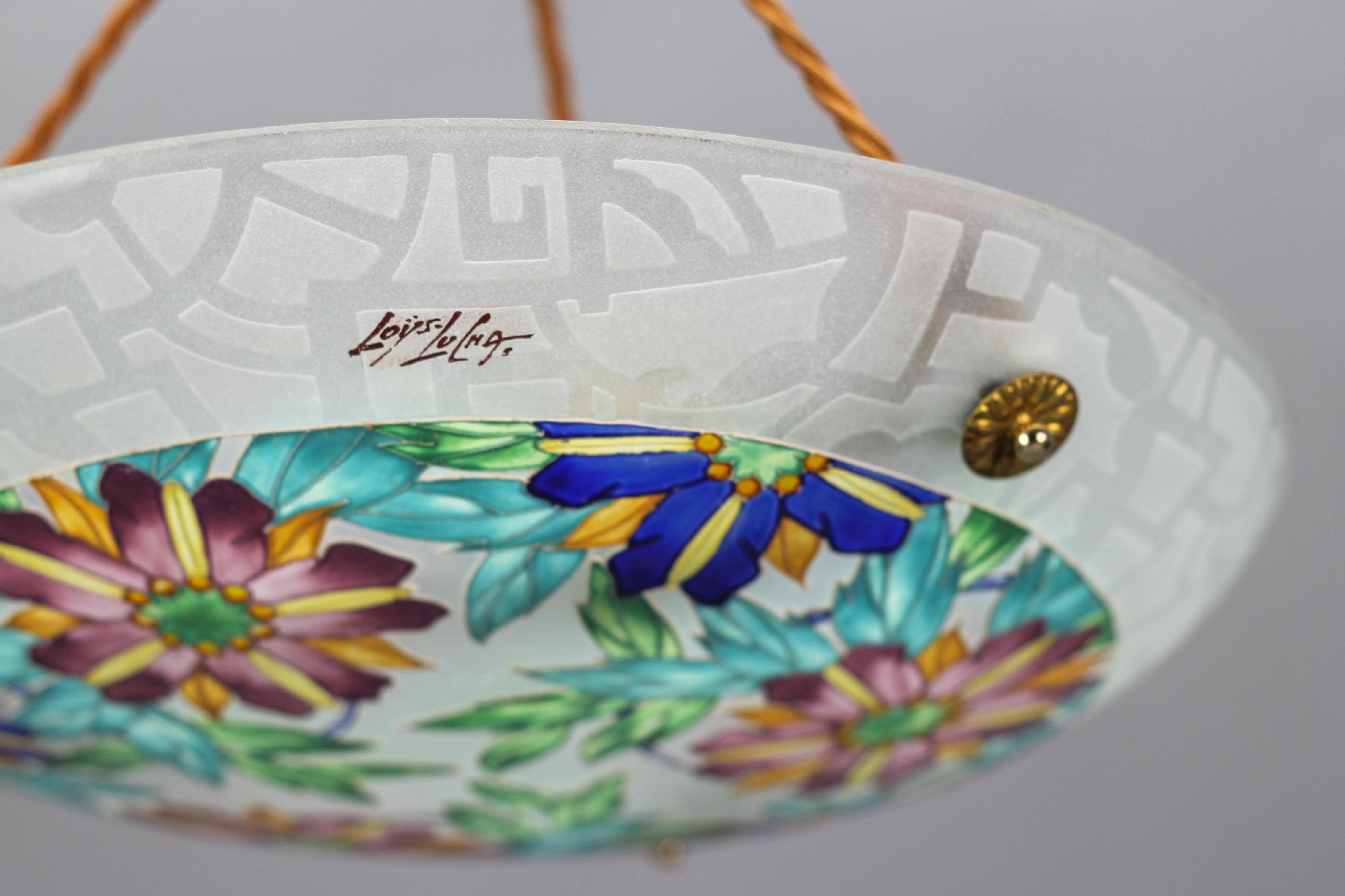 Art Deco Loys Lucha Signed Enameled Floral Glass Pendant Light, France, 1930s 5