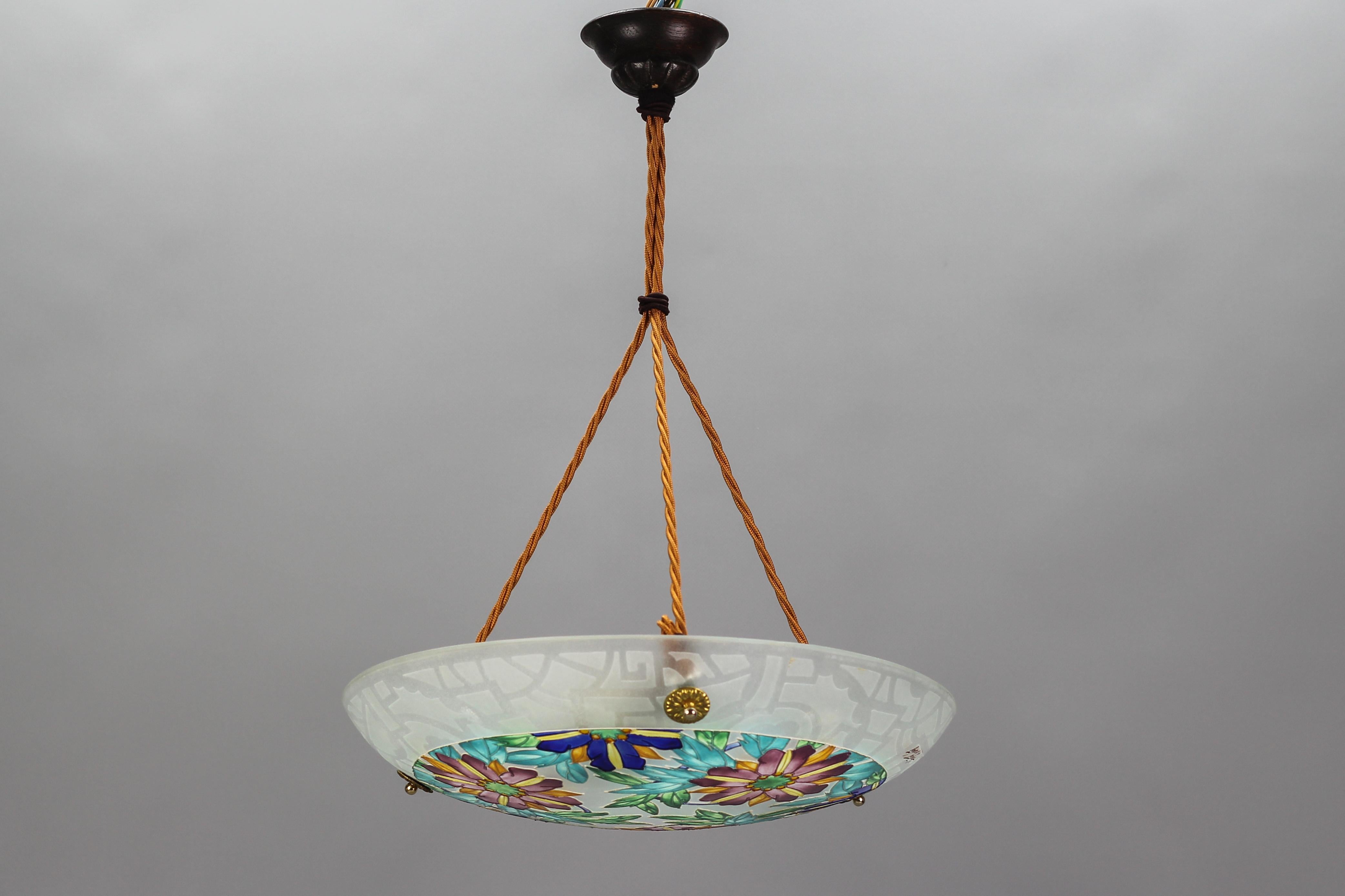 Art Deco Loys Lucha Signed Enameled Floral Glass Pendant Light, France, 1930s 7