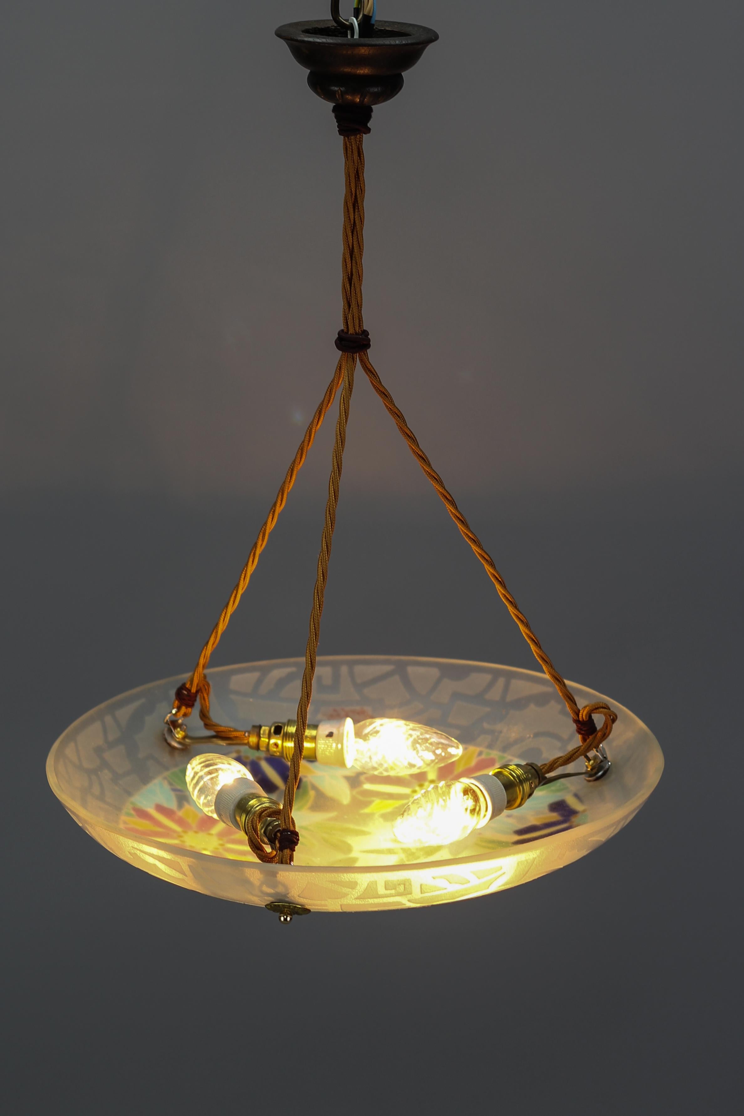 Art Deco Loys Lucha Signed Enameled Floral Glass Pendant Light, France, 1930s 9