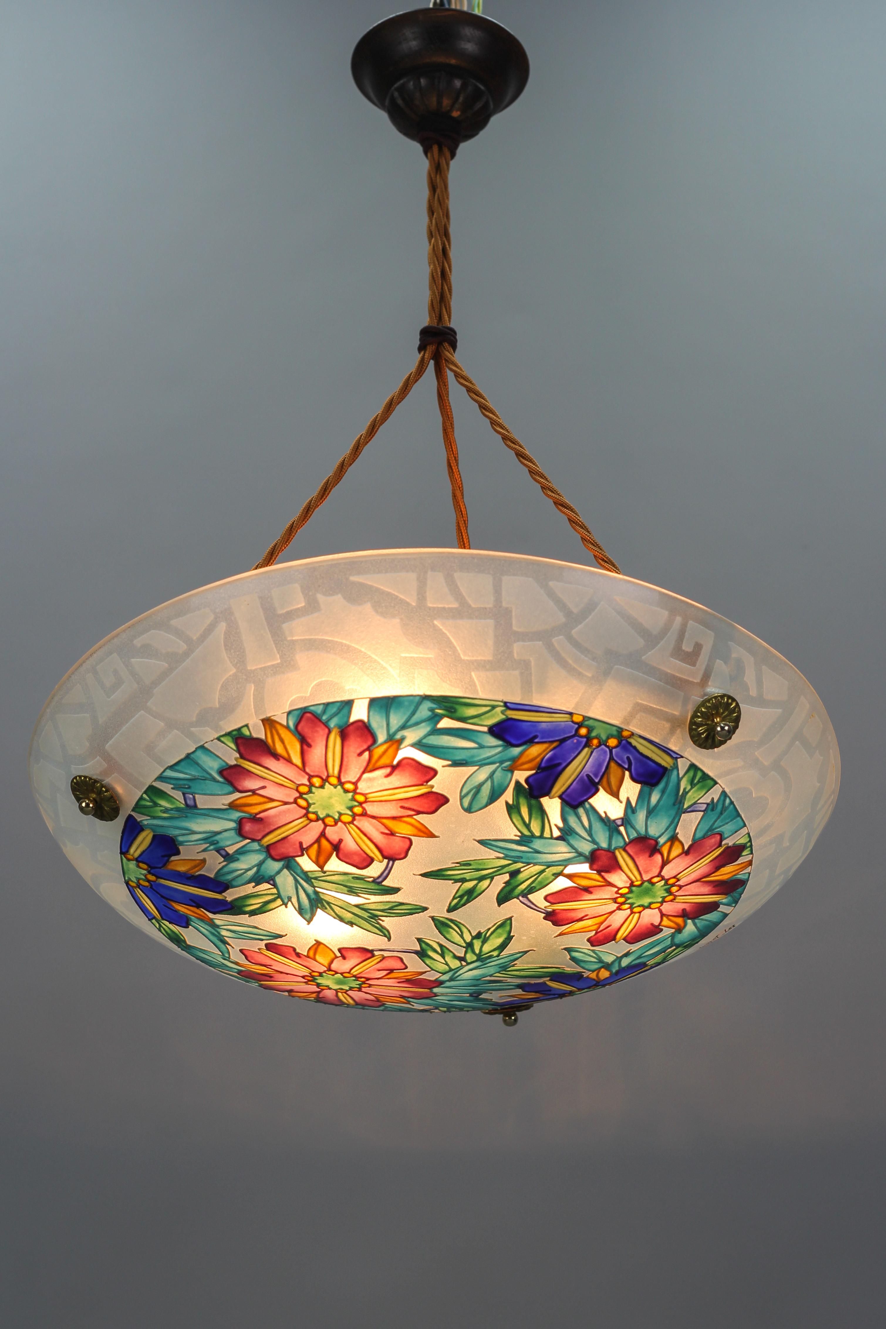 French Art Deco Loys Lucha Signed Enameled Floral Glass Pendant Light, France, 1930s