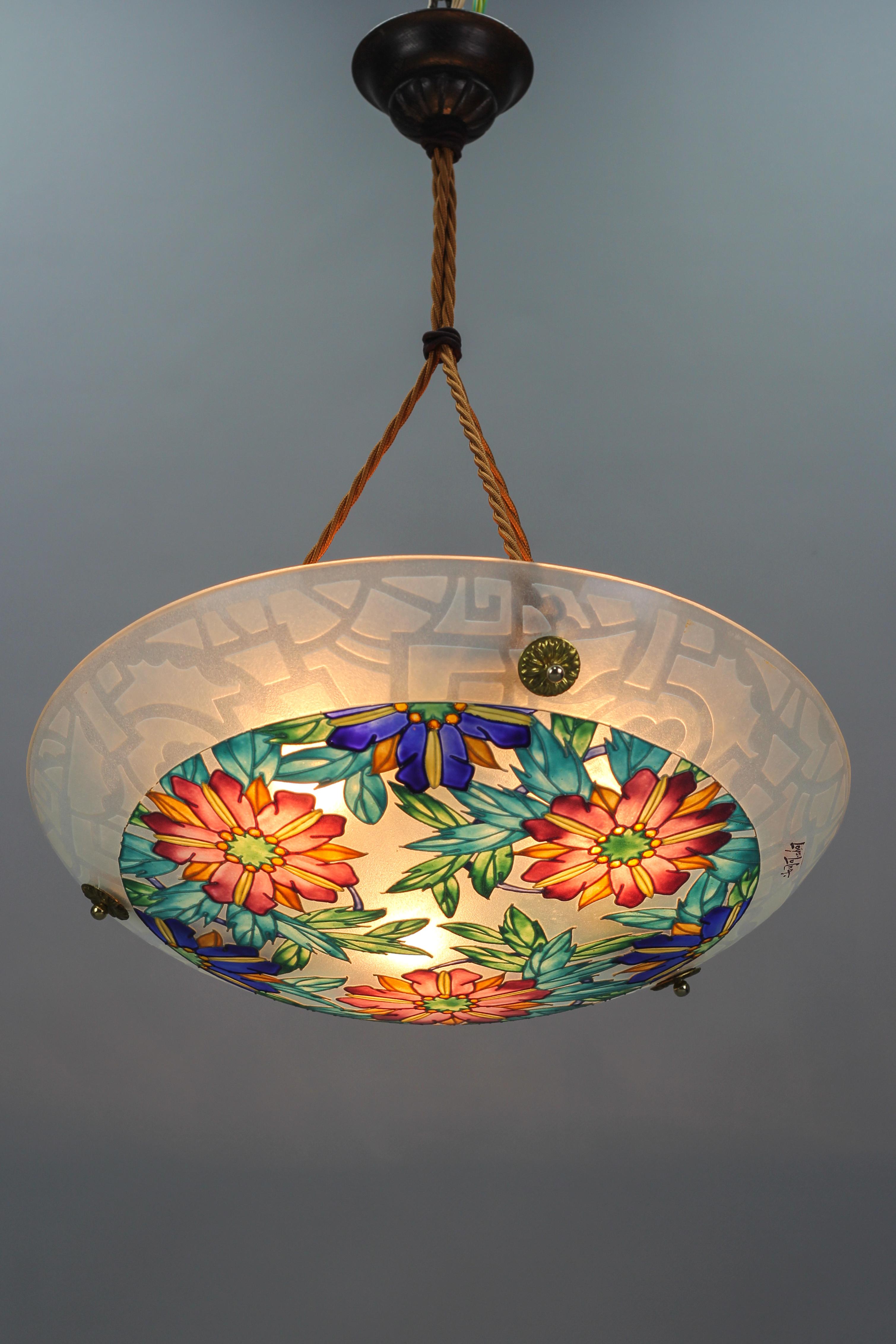 Art Deco Loys Lucha Signed Enameled Floral Glass Pendant Light, France, 1930s In Good Condition In Barntrup, DE