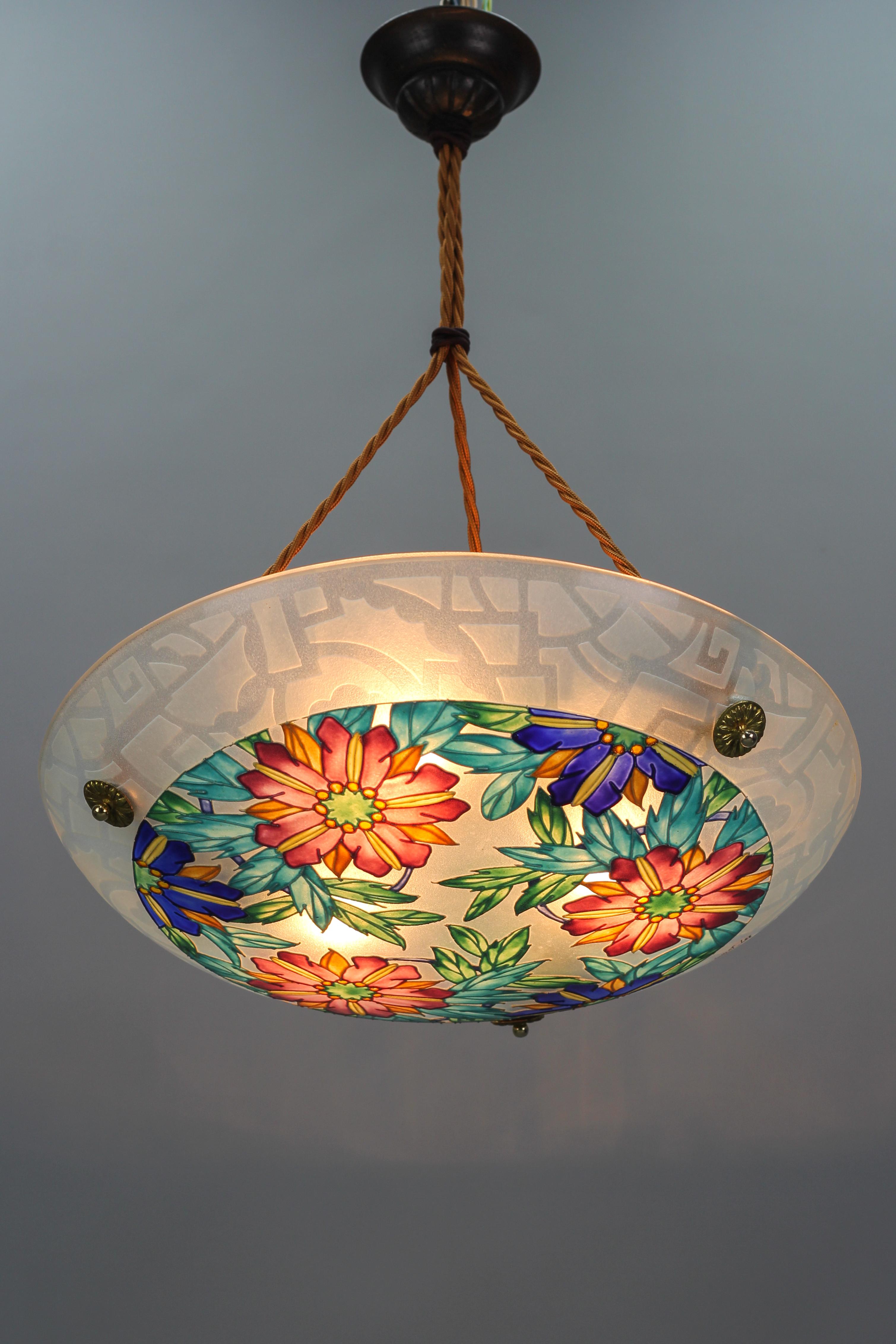 Mid-20th Century Art Deco Loys Lucha Signed Enameled Floral Glass Pendant Light, France, 1930s