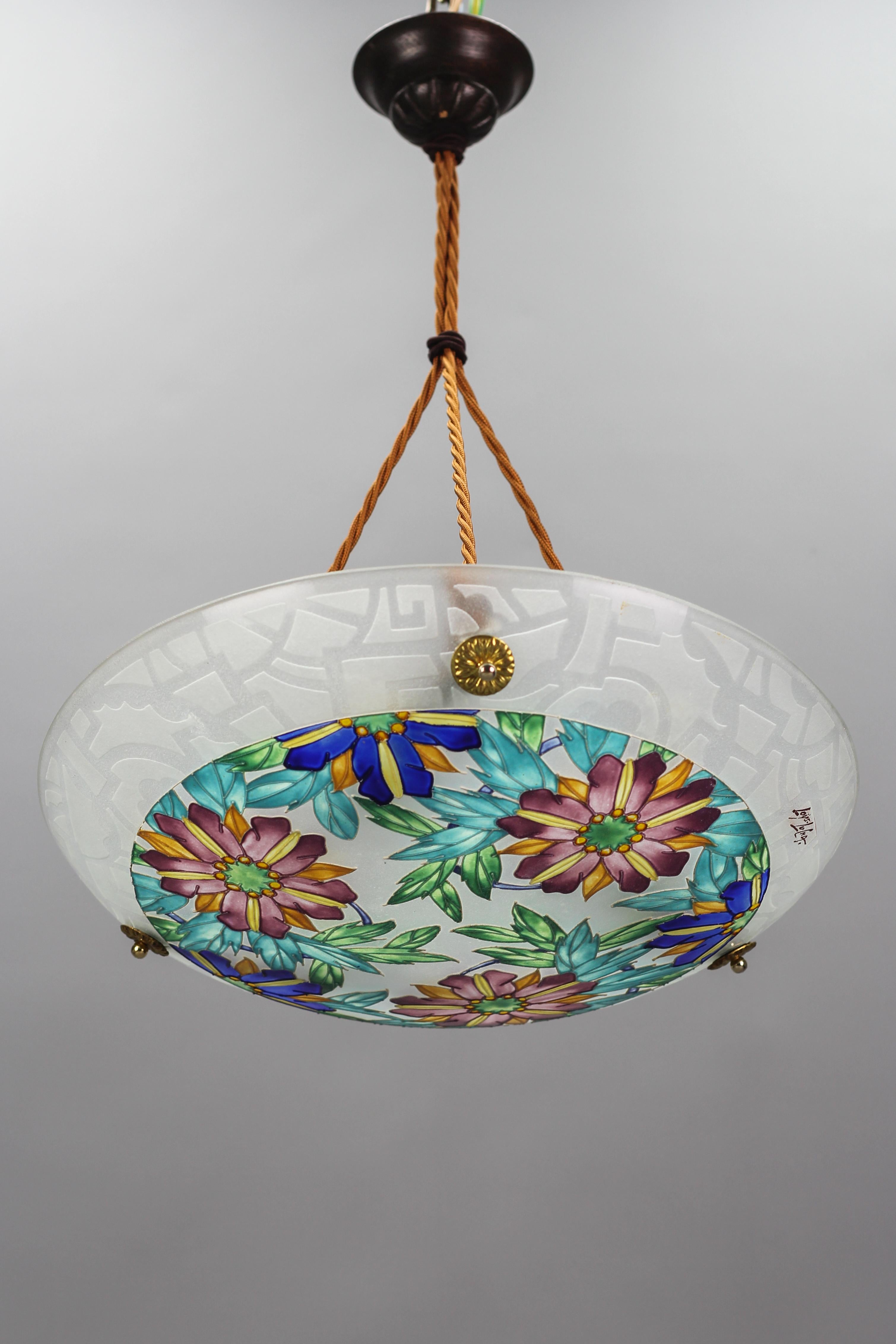Art Deco Loys Lucha Signed Enameled Floral Glass Pendant Light, France, 1930s 1