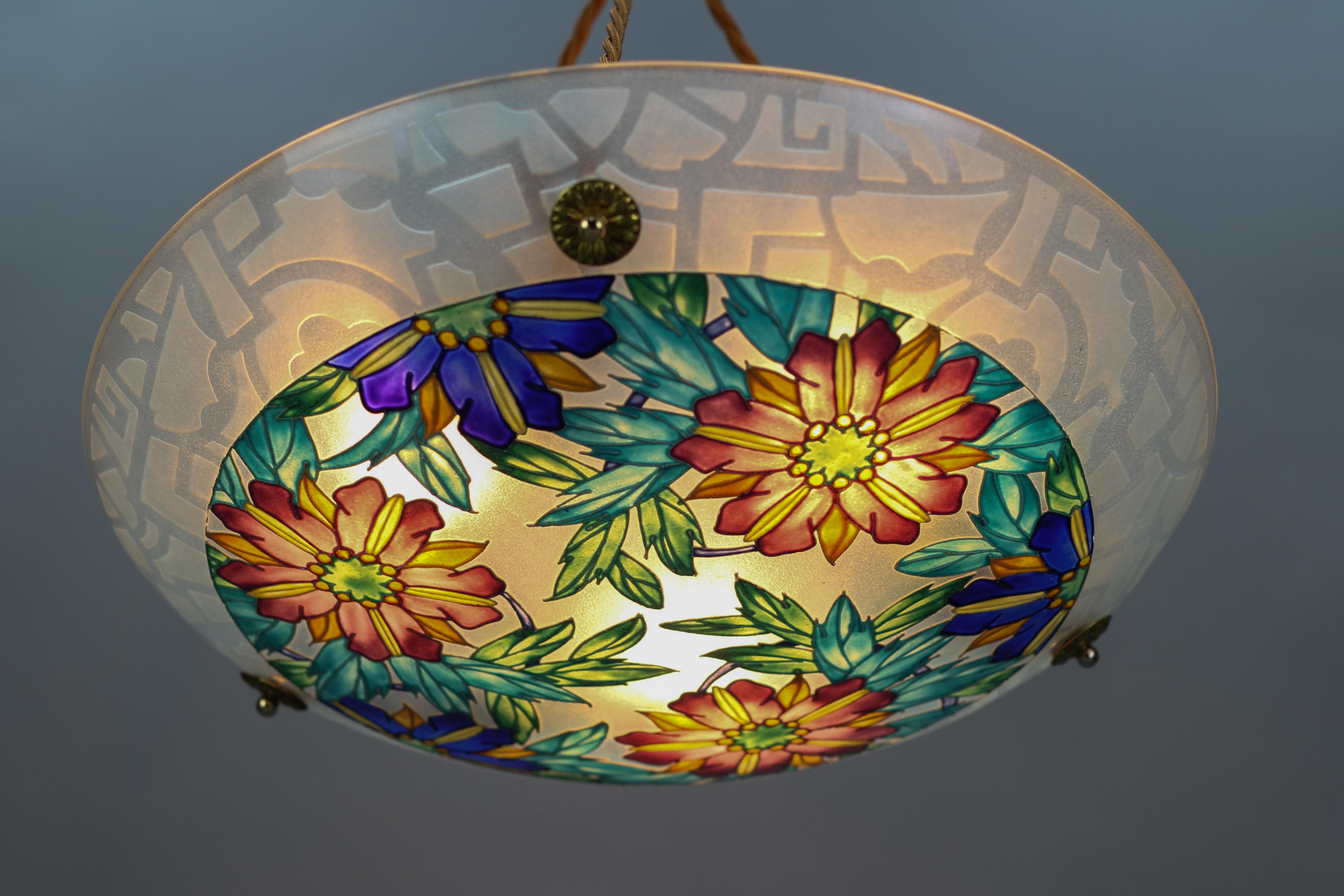Art Deco Loys Lucha Signed Enameled Floral Glass Pendant Light, France, 1930s 3