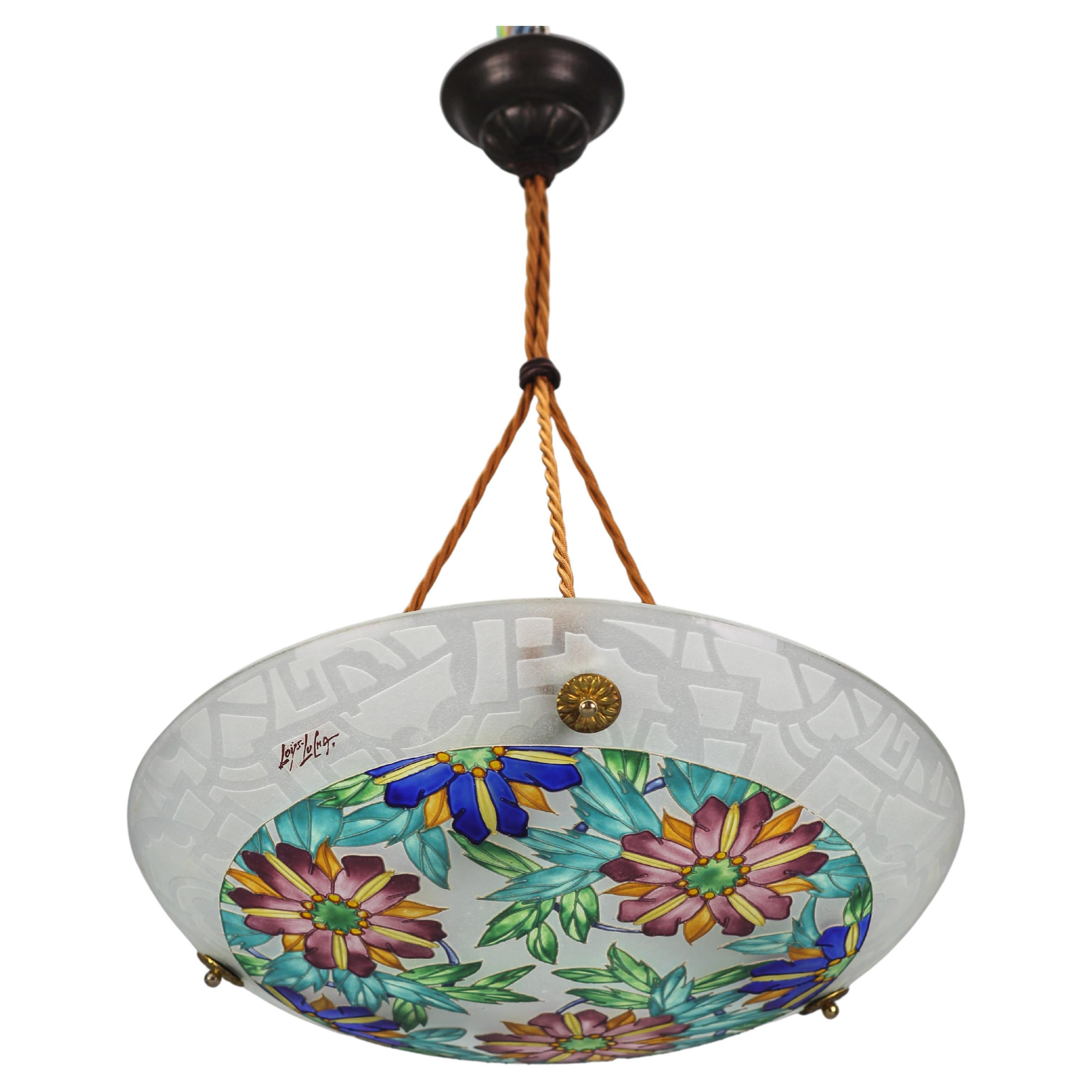 Art Deco Loys Lucha Signed Enameled Floral Glass Pendant Light, France, 1930s