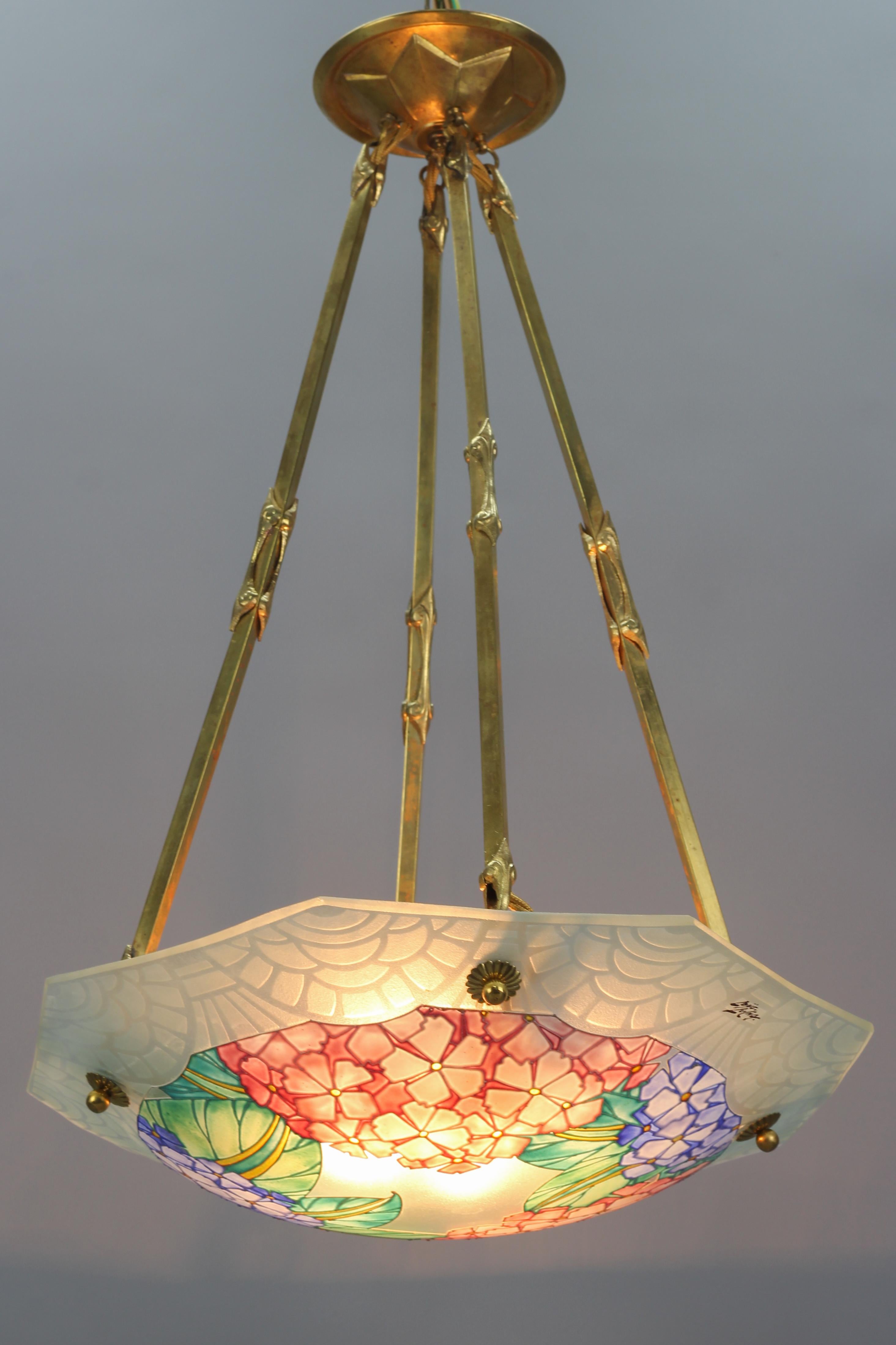 Metal Art Deco Loys Lucha Signed Enameled Glass Four-Light Pendant Chandelier, 1930s For Sale