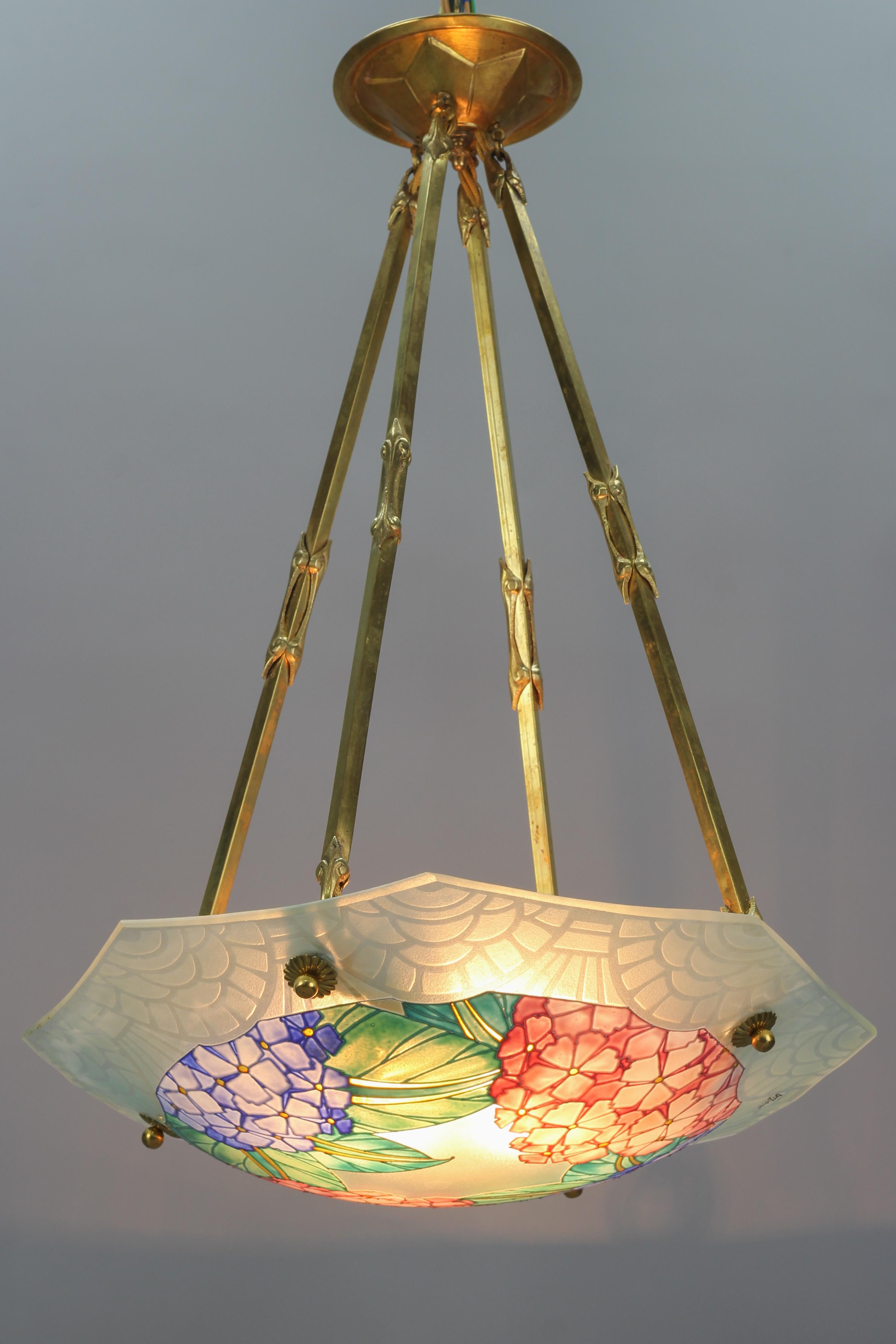 Art Deco Loys Lucha Signed Enameled Glass Four-Light Pendant Chandelier, 1930s For Sale 2