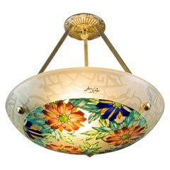 Lustre à suspension Art Déco Loys Lucha en verre émaillé polychrome signé, années 1930