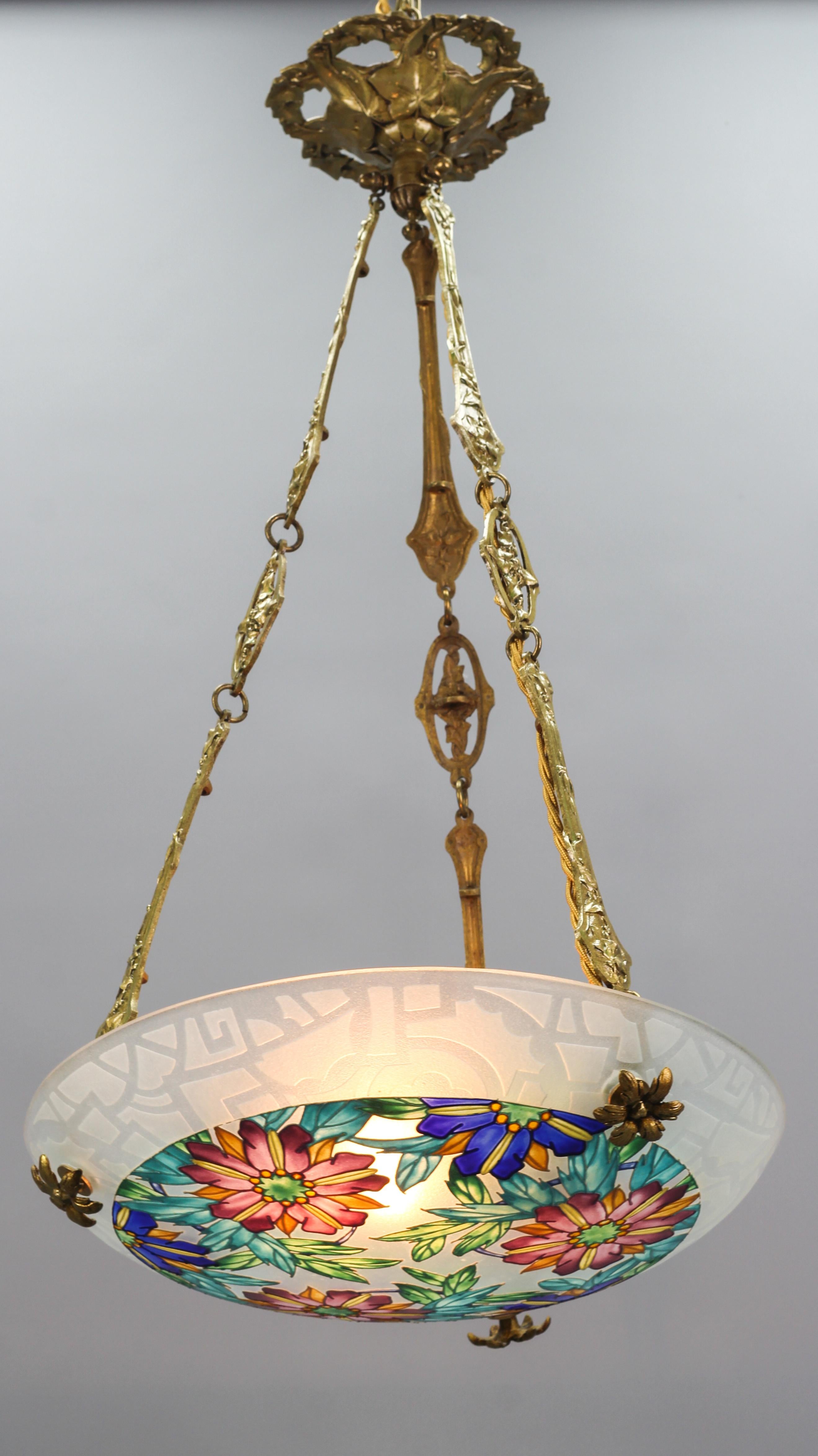 Art Deco Loys Lucha Signed Polychrome Enameled Glass Pendant Light, 1930s For Sale 14