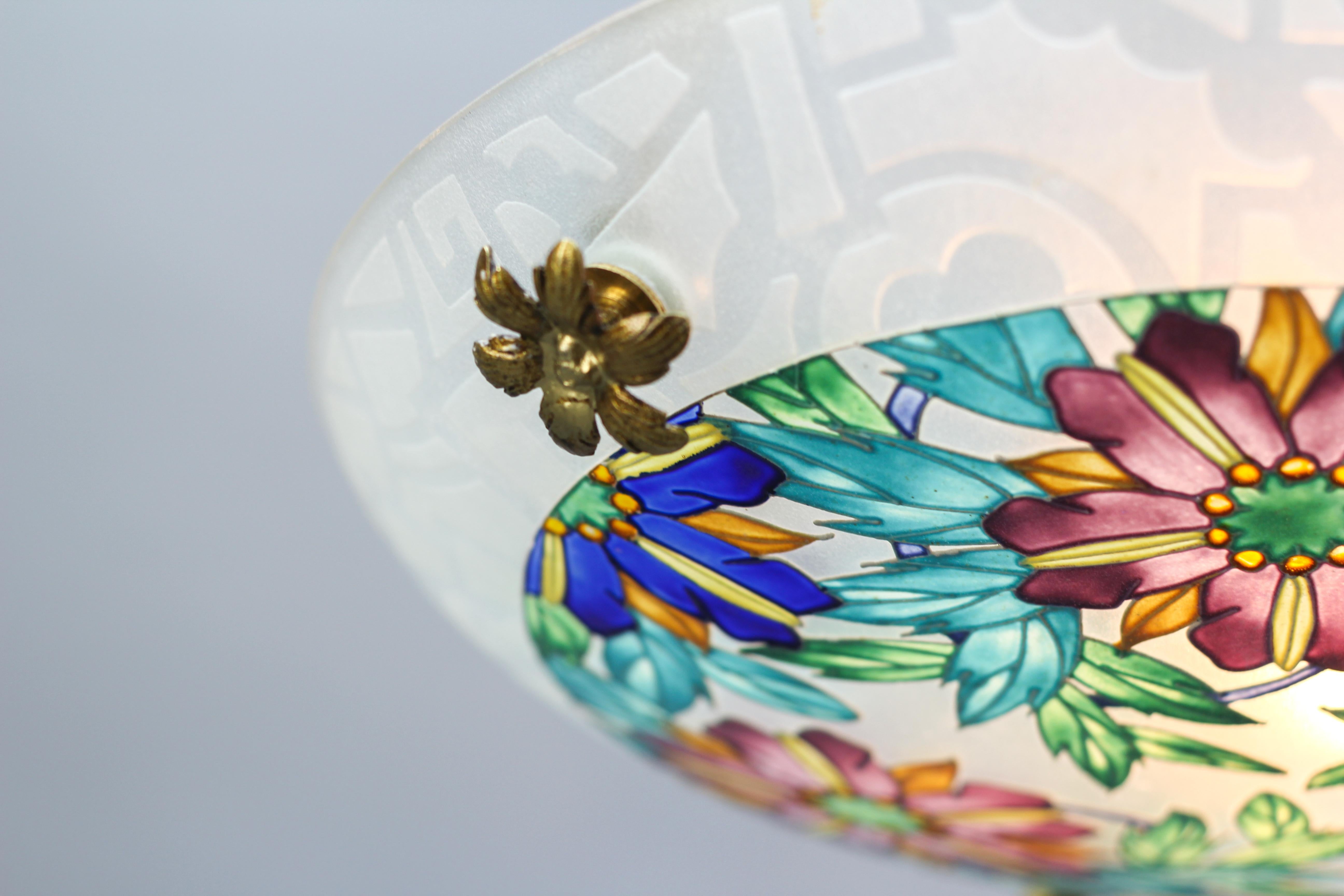 Mid-20th Century Art Deco Loys Lucha Signed Polychrome Enameled Glass Pendant Light, 1930s For Sale