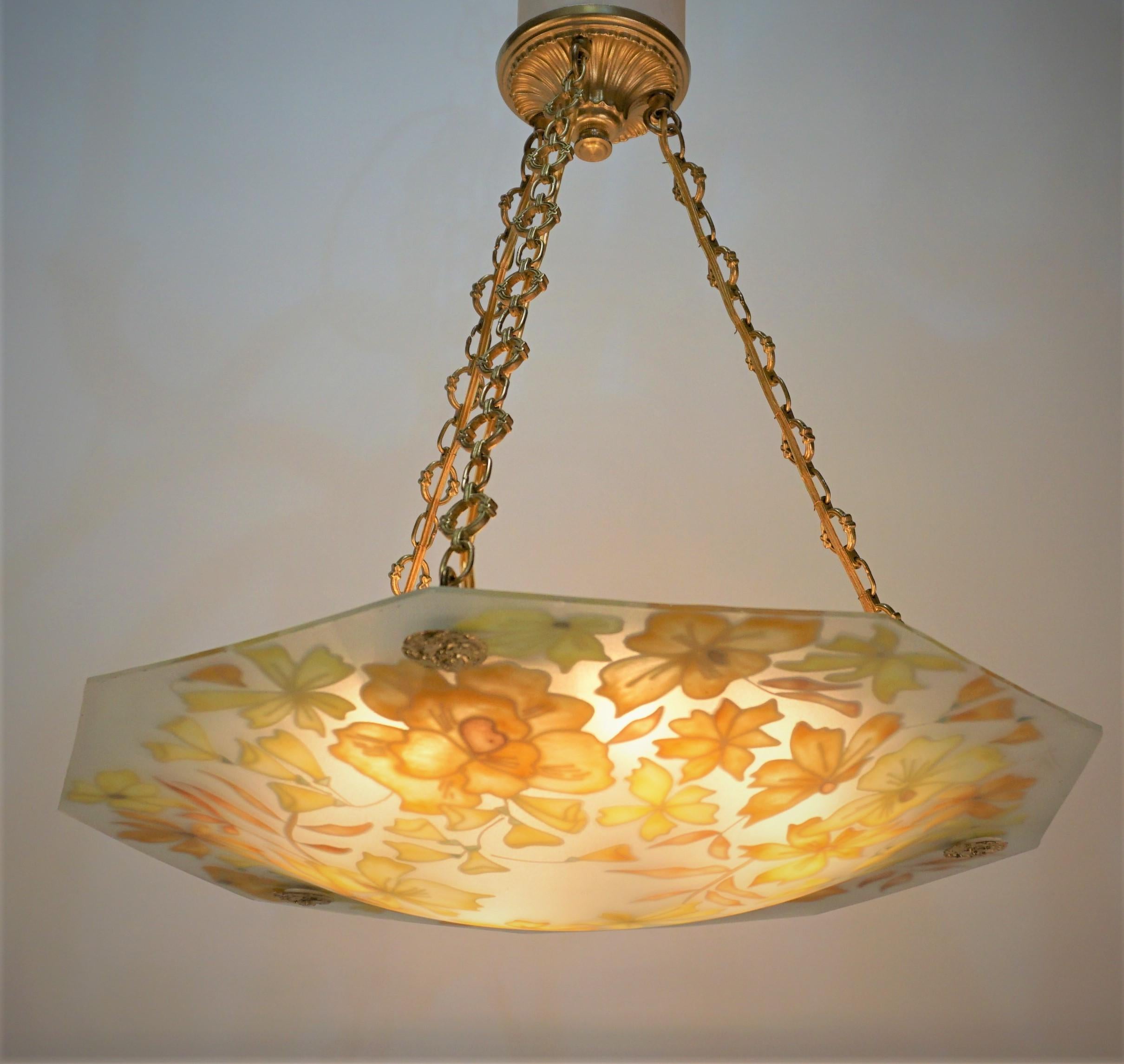 French Art Deco Loys Lucha Style Enameled Polychrome Glass Pendant Chandelier For Sale