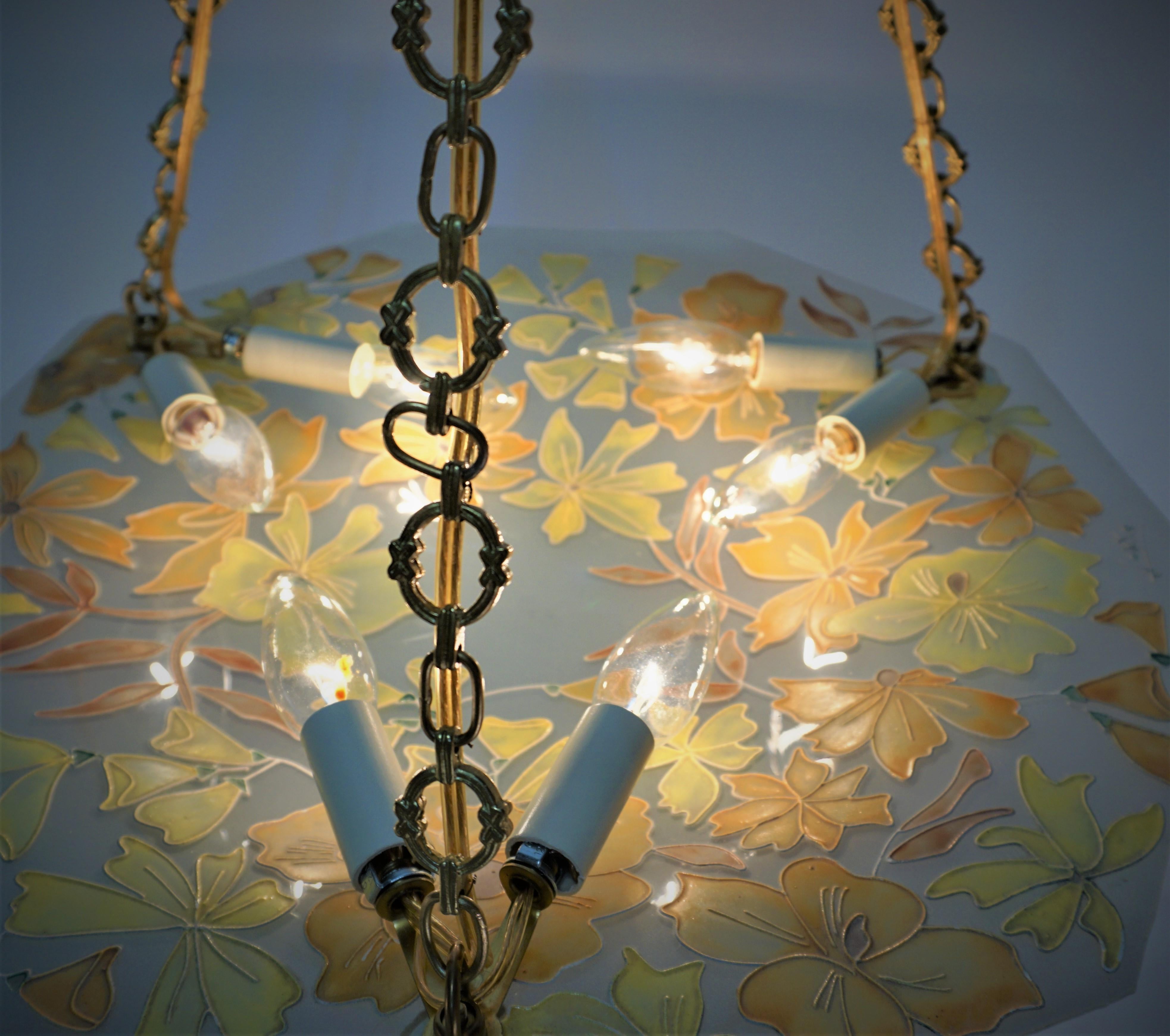 Art Deco Loys Lucha Style Enameled Polychrome Glass Pendant Chandelier For Sale 2
