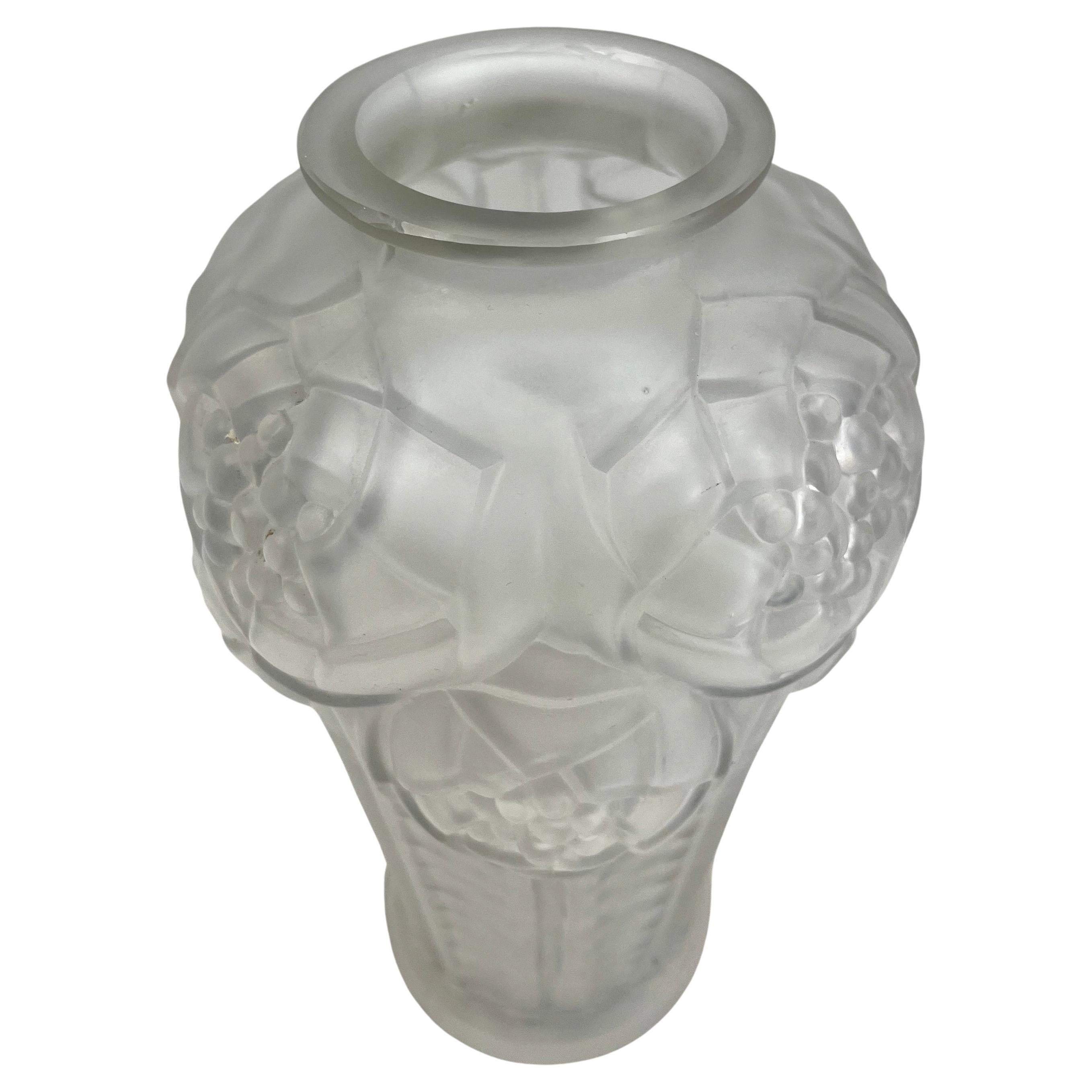 Early 20th Century  Art Deco Luminax Vase in  Frosted Opaline Glass Stylized Flower Relief France For Sale
